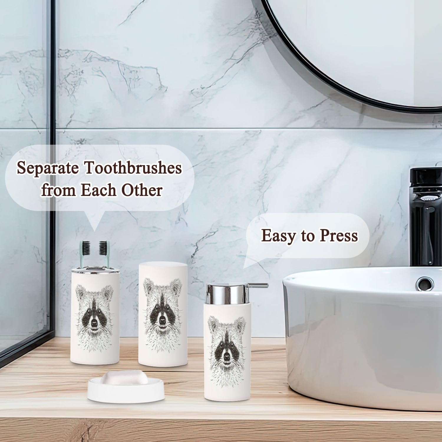 Bathroom Accessories Set 6 Pcs Raccoon Face Design