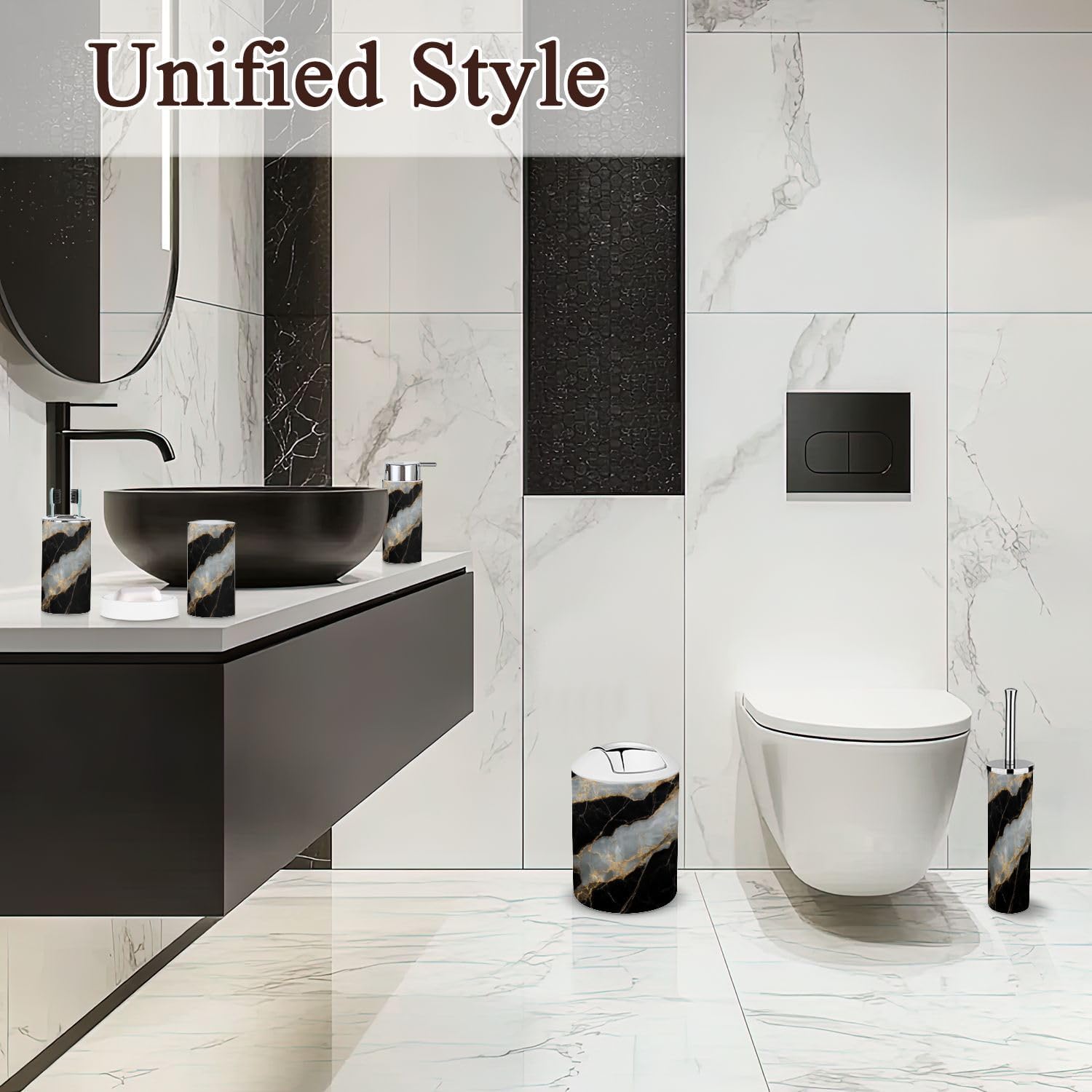 6 Piece Bathroom Accessories Set with Golden Veins Marble Design