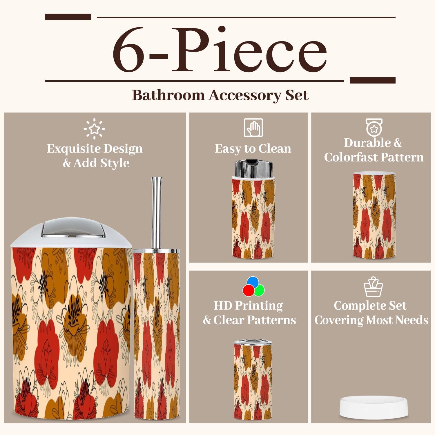 6 Piece Boho Bathroom Accessories Set with Flowers Design