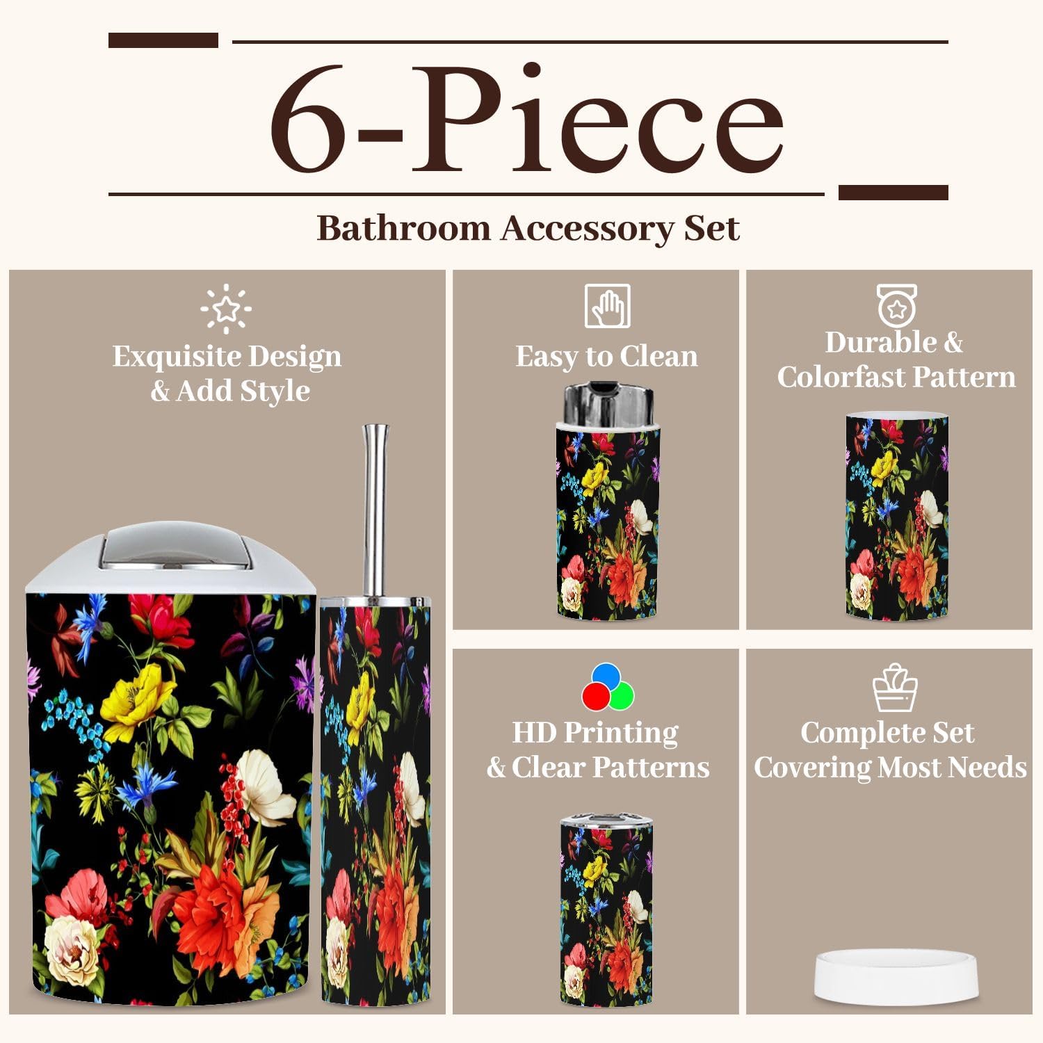 6 Piece Boho Bathroom Accessories Set with Flowers