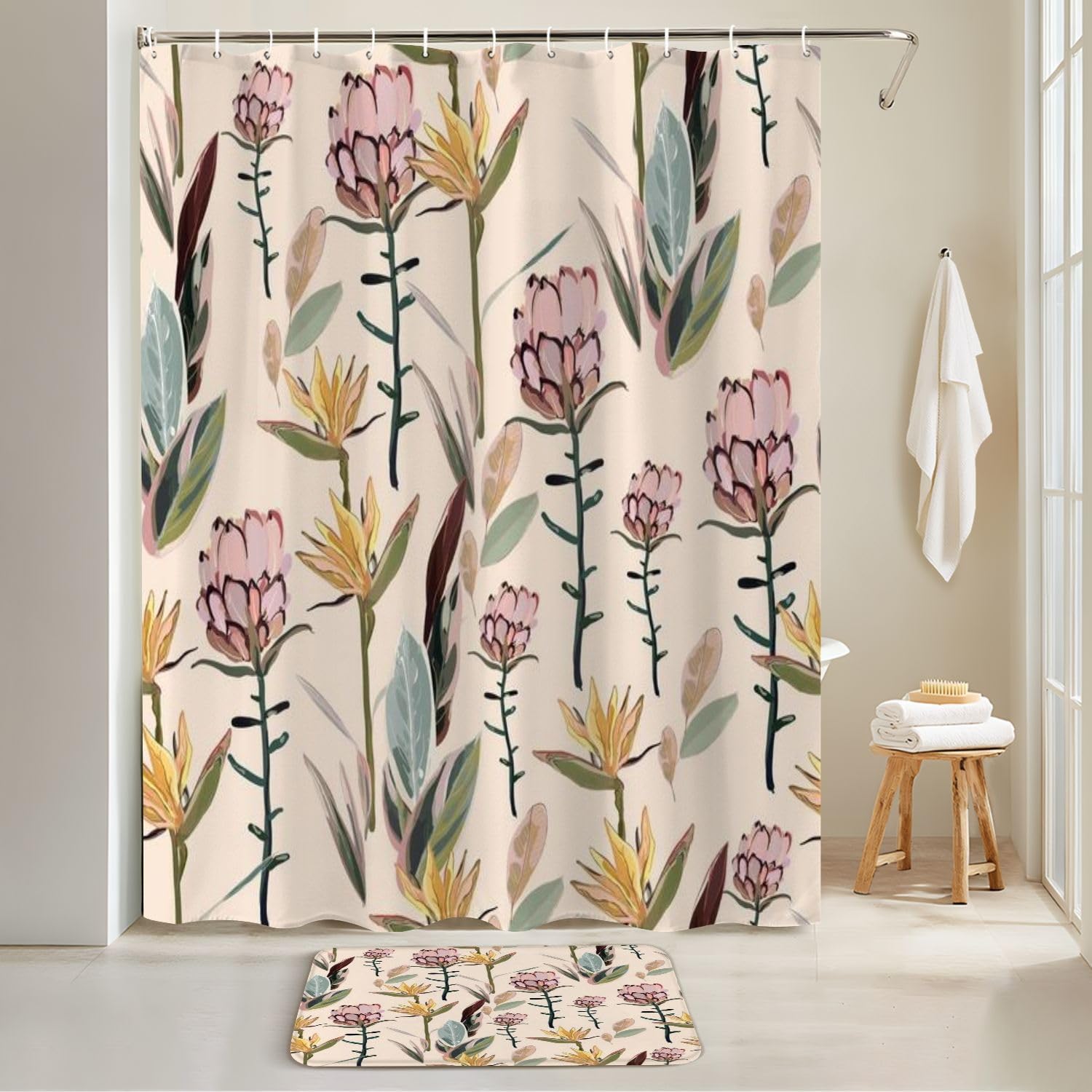 4 Piece Shower Curtain Set with Rugs Mats and Toilet Lid Cover