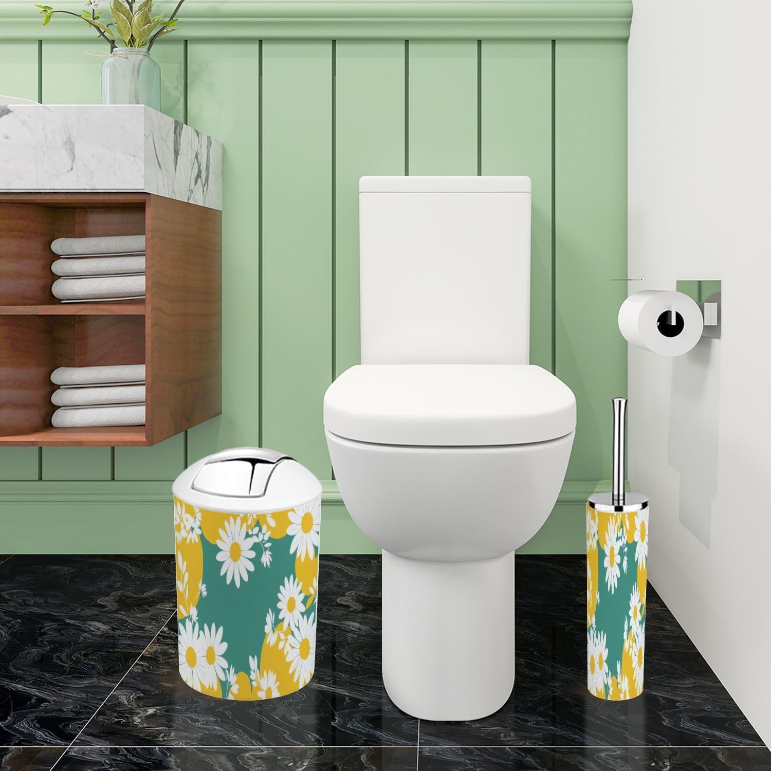 TRANQDEHOM 6 Piece Boho Daisy Flower Bathroom Accessory Set