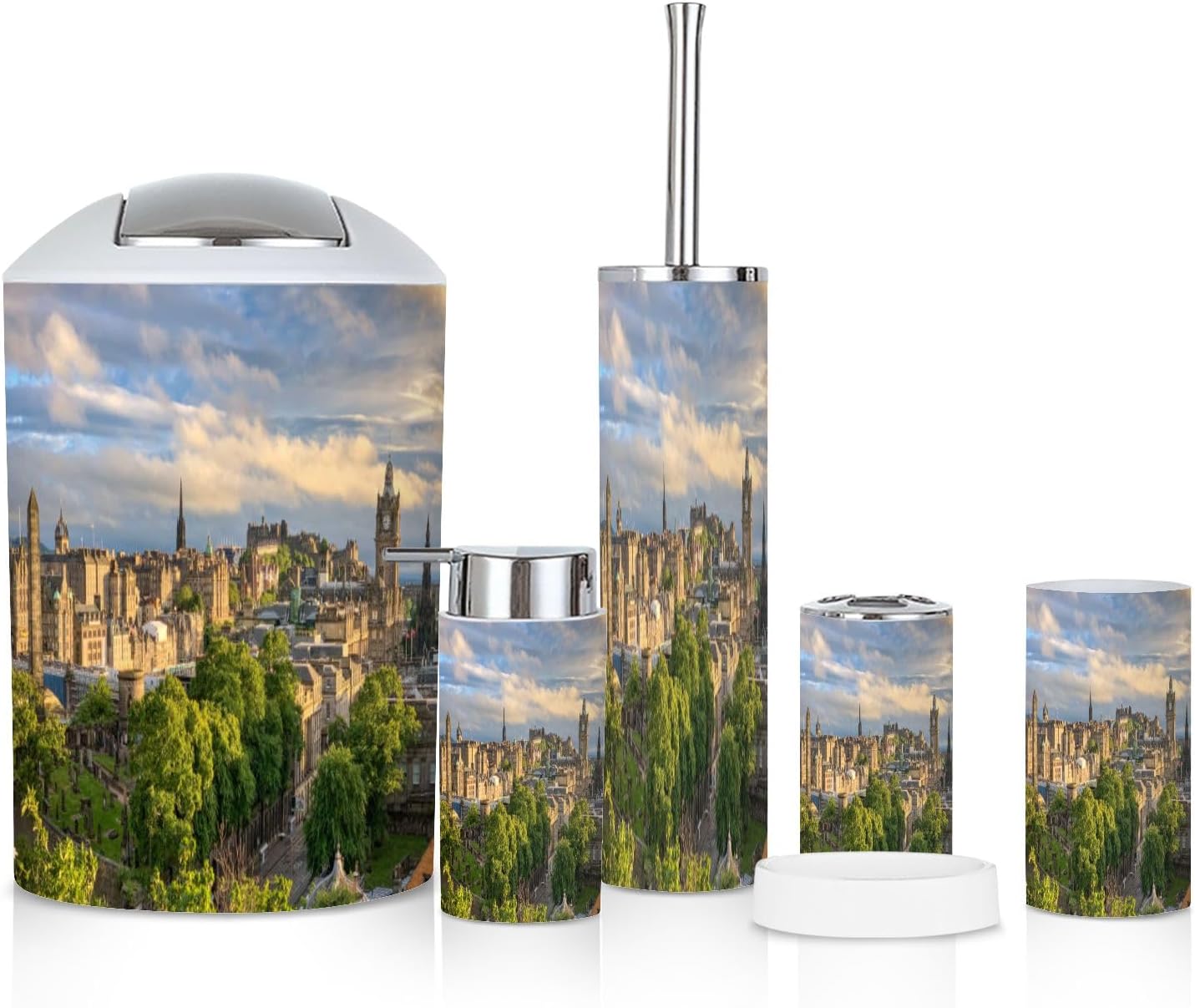 6 Piece Bathroom Accessories Set with Skyline Sunset Design