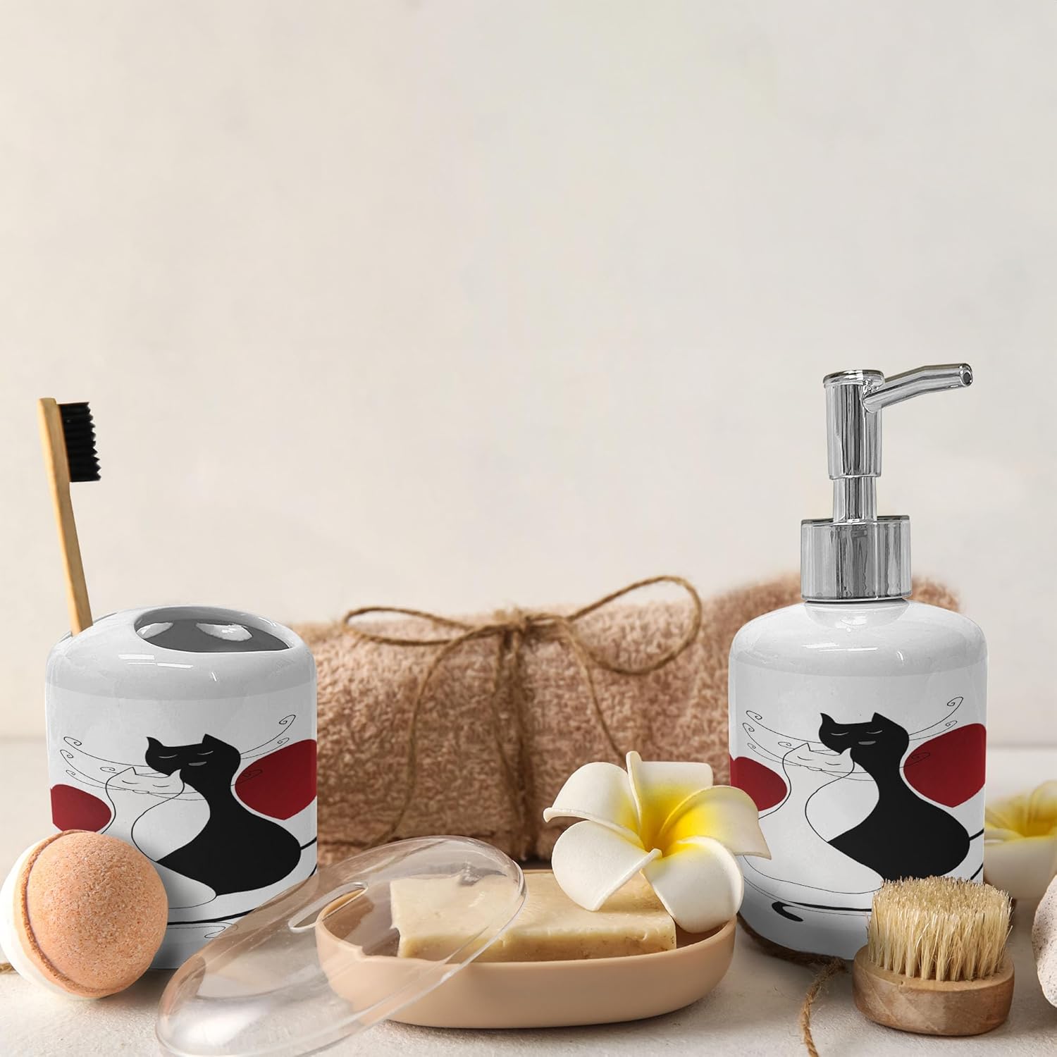 Ambesonne Romantic Cats Soap Dispenser Toothbrush Holder Set