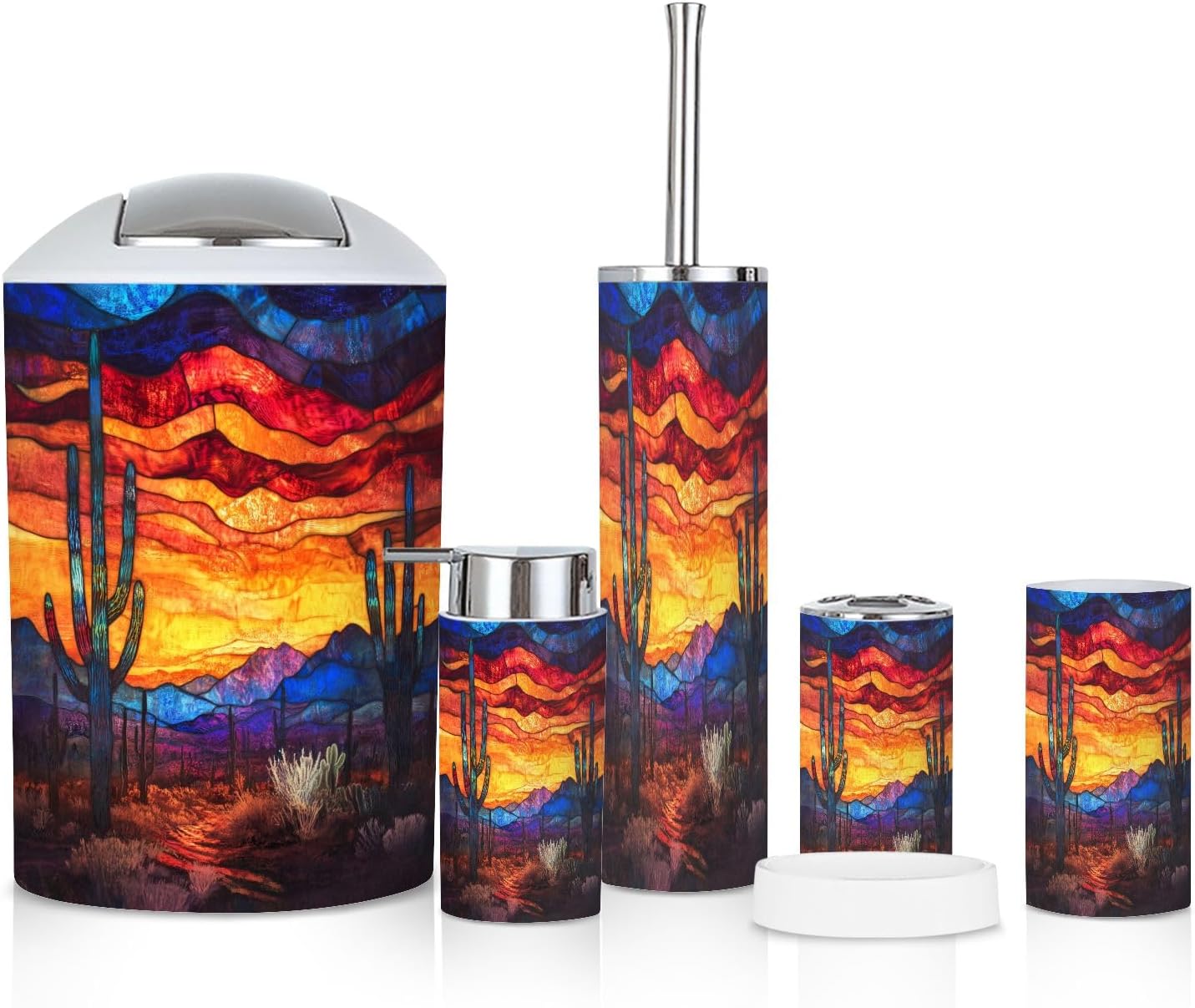 6 Piece Bathroom Accessories Set Mystical Desert Cactus Textured Stained Glass Art