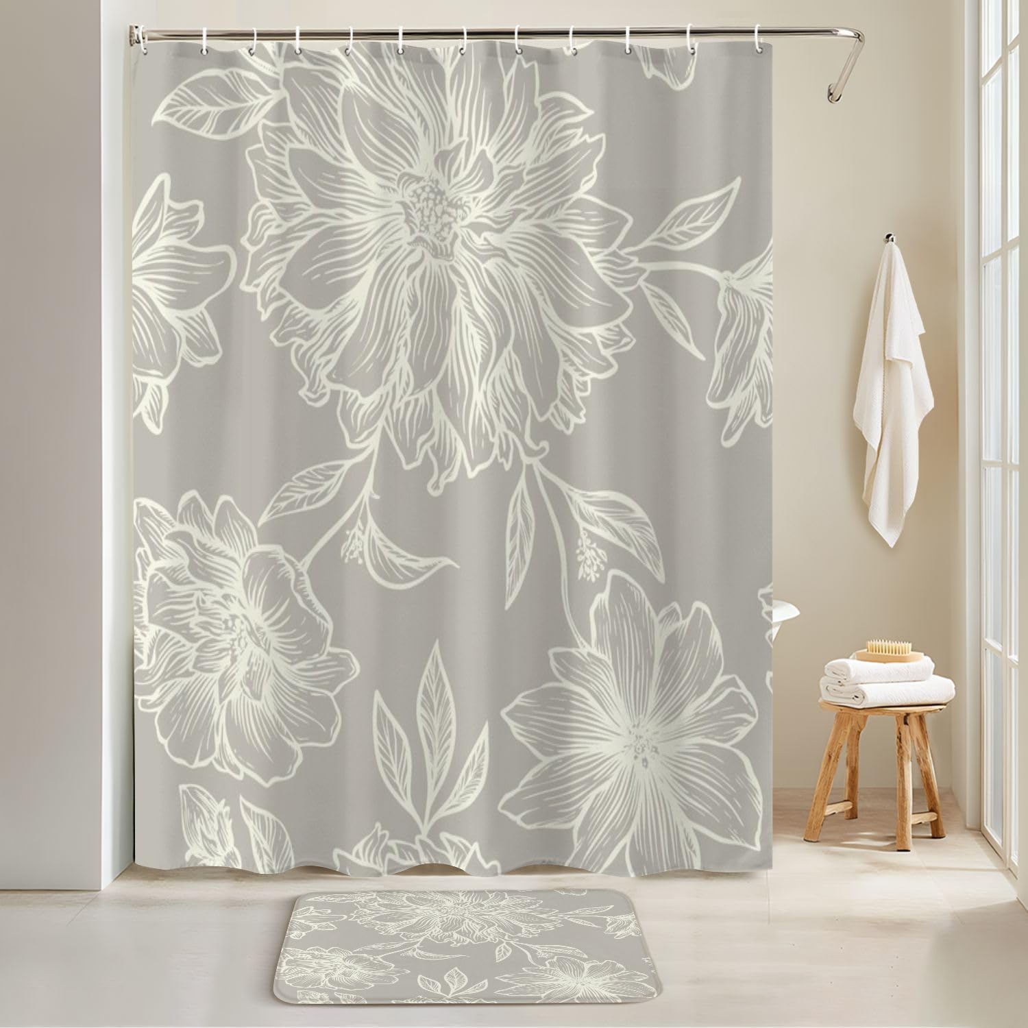 4 Piece Shower Curtain Set with Retro Floral Pattern