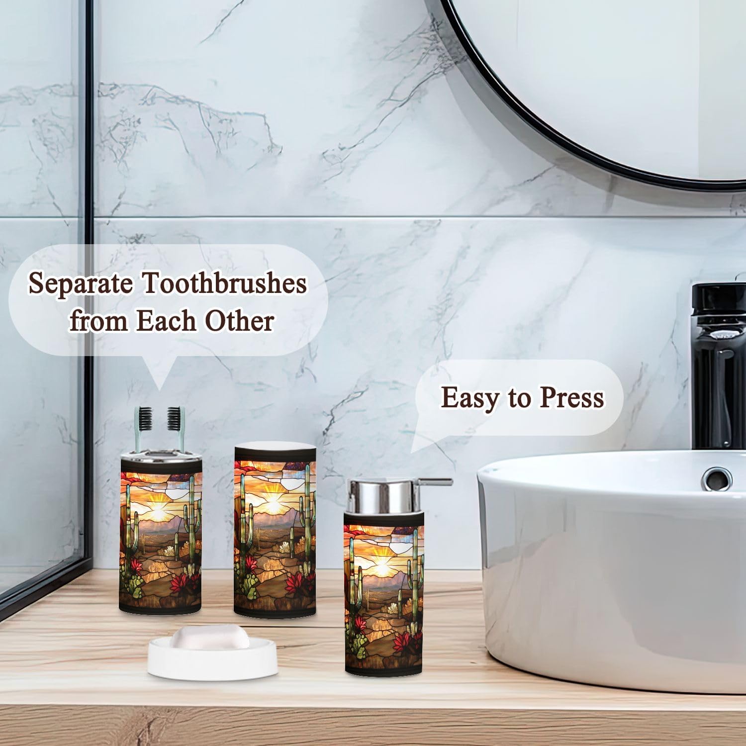 6 Piece Boho Bathroom Decor Set with Cacti Design