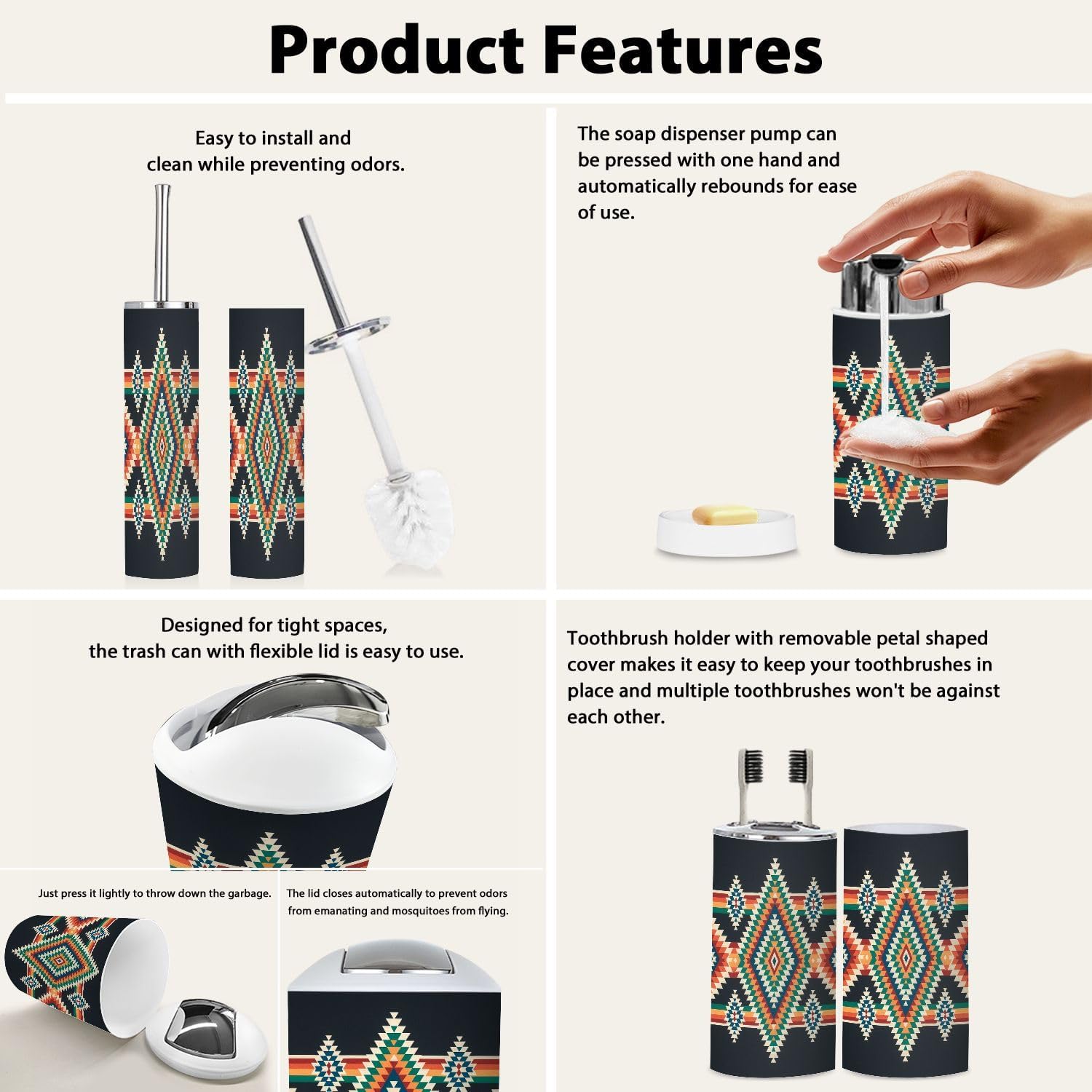 Boho Tribal Bathroom Accessory Set 6 Piece