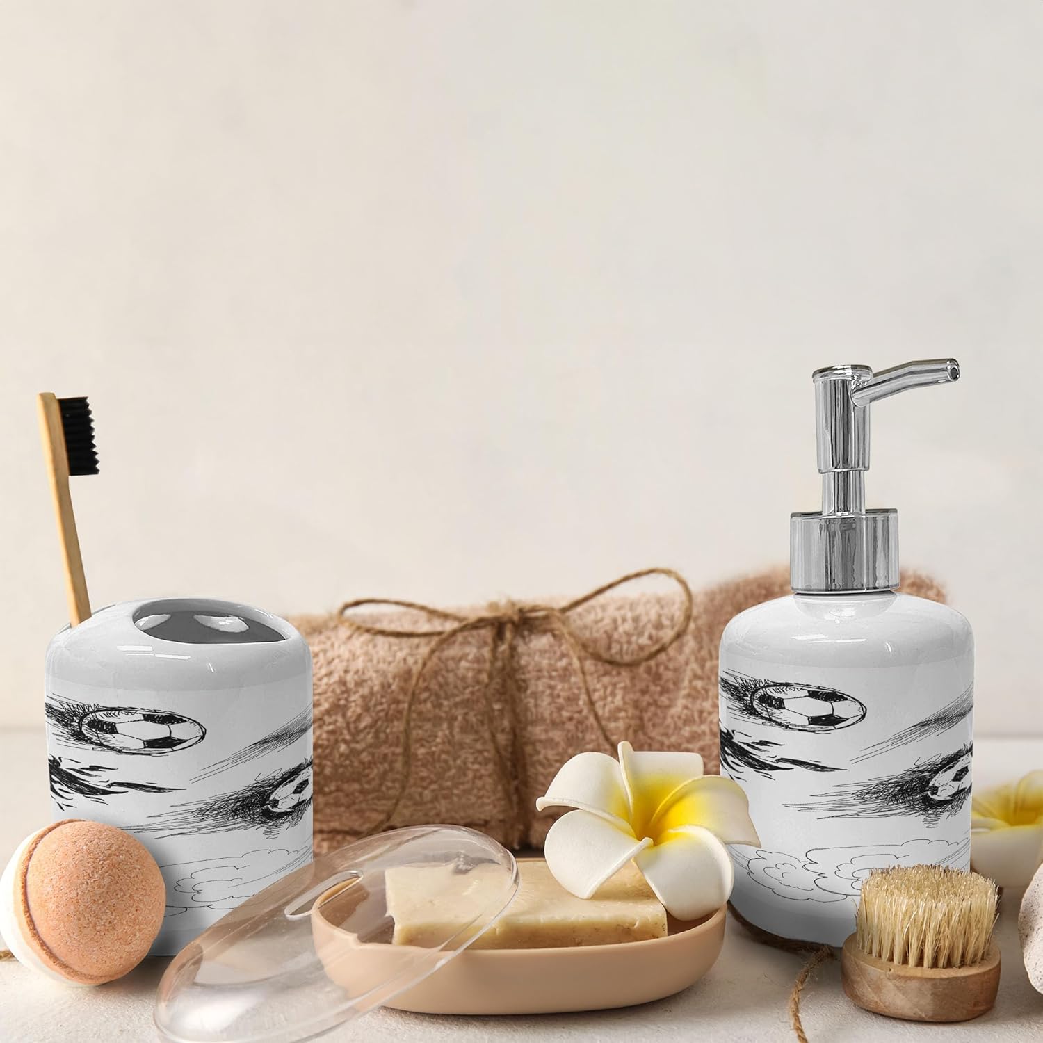 Ambesonne Soccer Soap Dispenser Toothbrush Holder Set