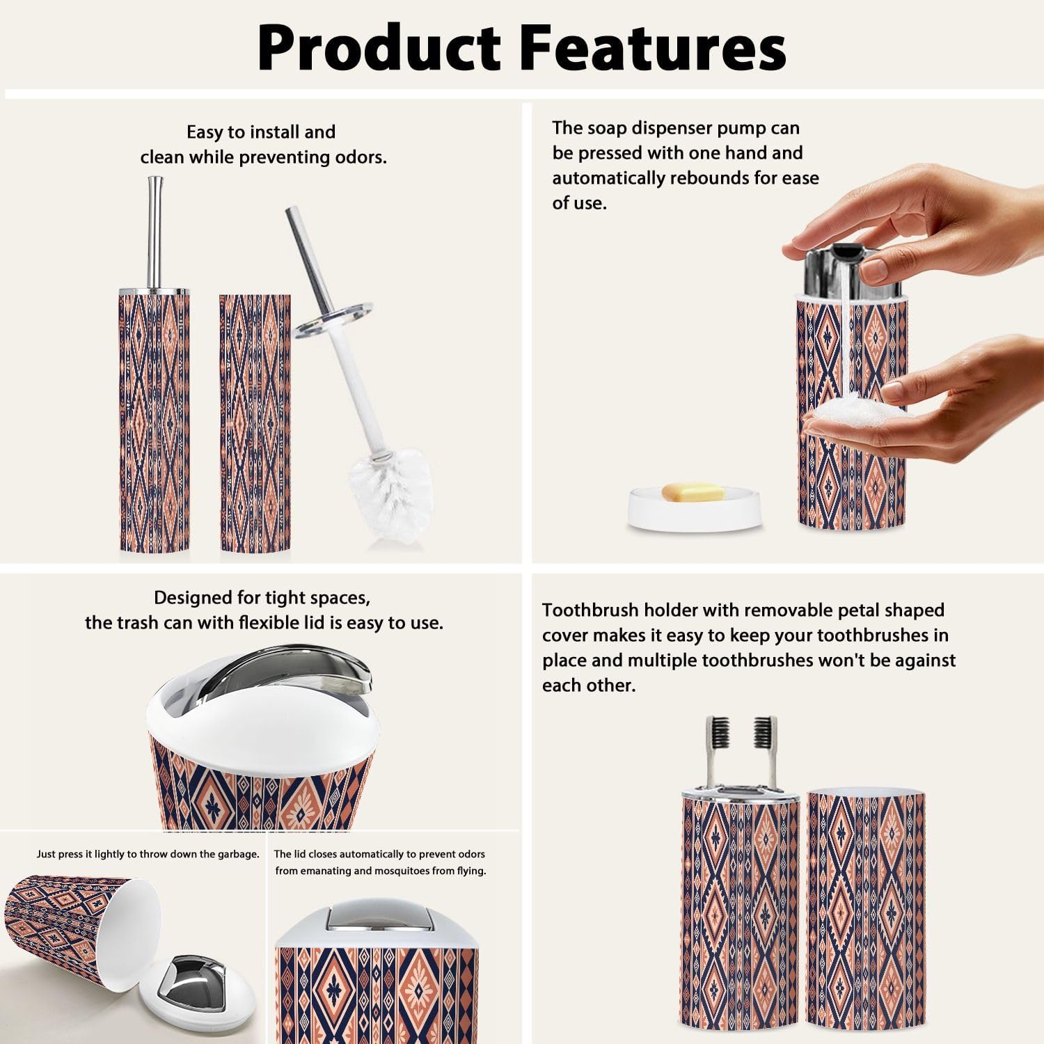 Boho Ethnic Bathroom Accessory Set 6 Piece