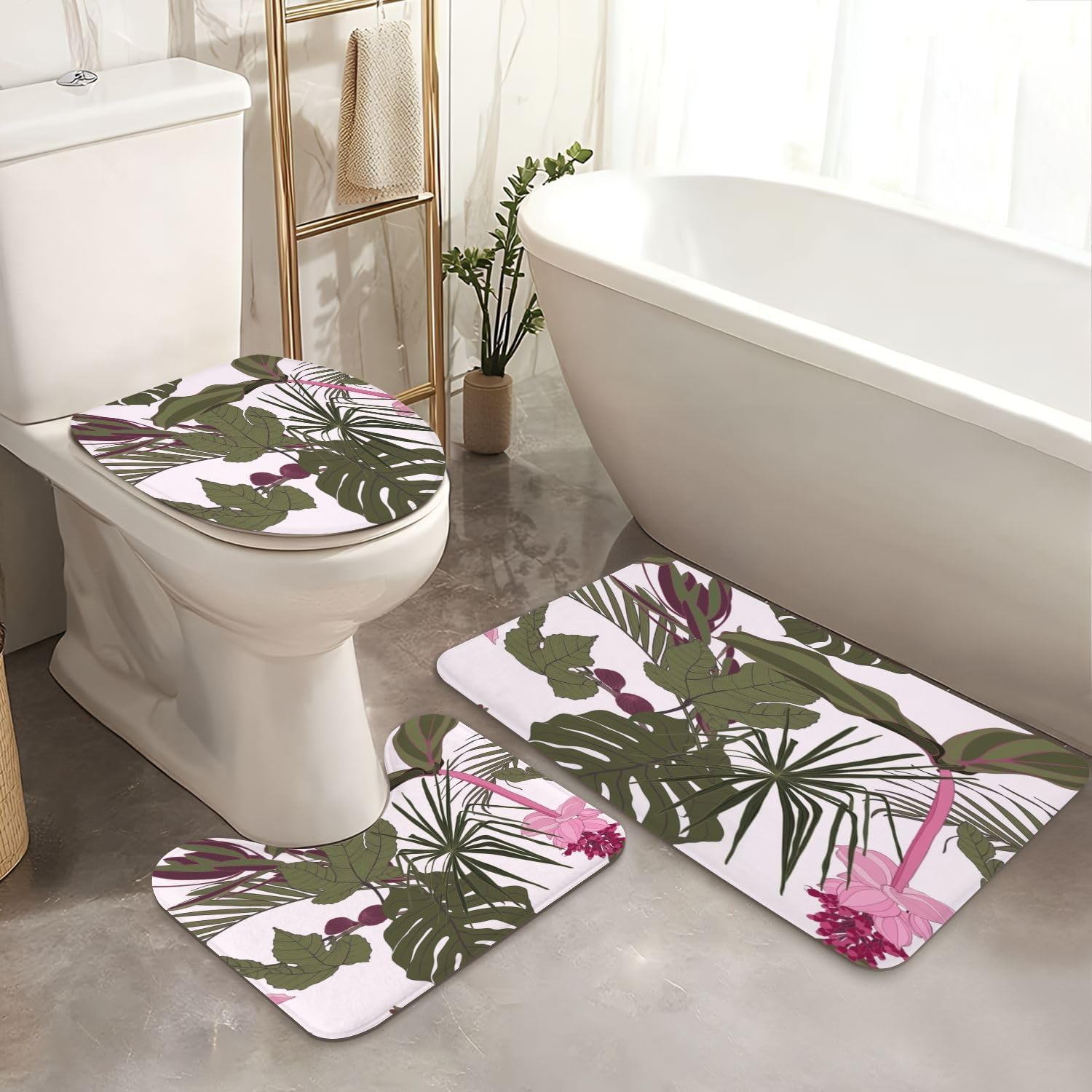JCOOKLOFTS 4-Piece Shower Curtain Set with Rugs and Mats 1