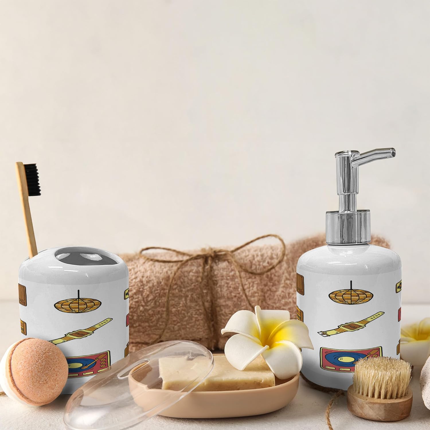 Ambesonne 90s Nostalgic Soap Toothbrush Holder Set