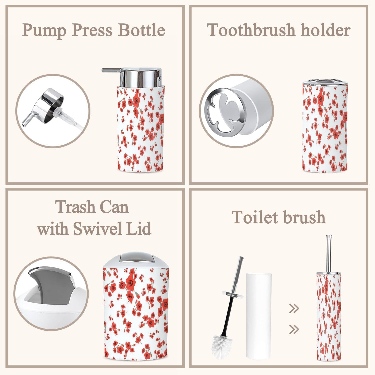 6 Piece Bathroom Accessories Set with Red Toss