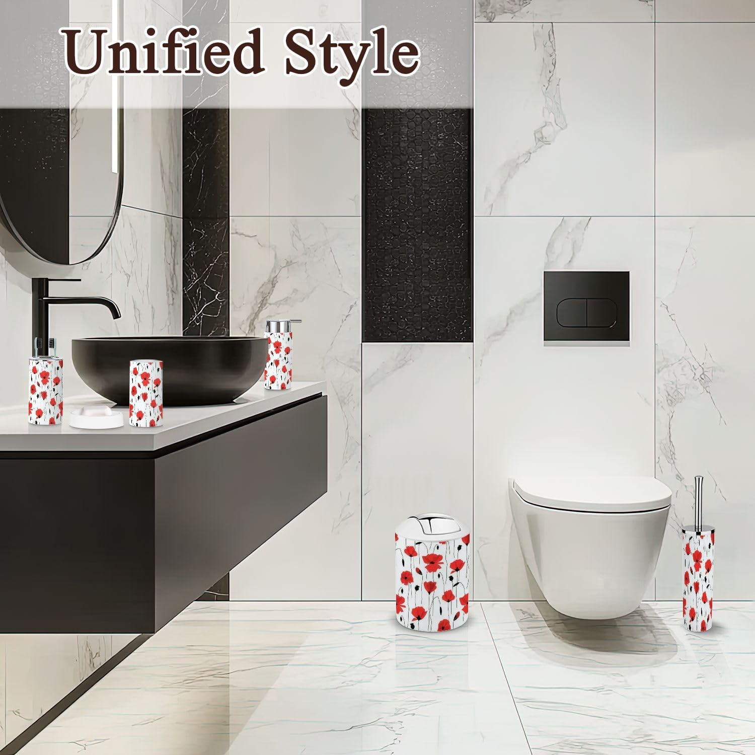 6 Piece Red Flower Bathroom Accessories Set