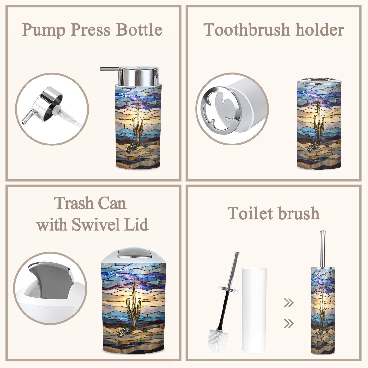 6 Piece Bathroom Accessories Set with Desert Landscape Cactus Design