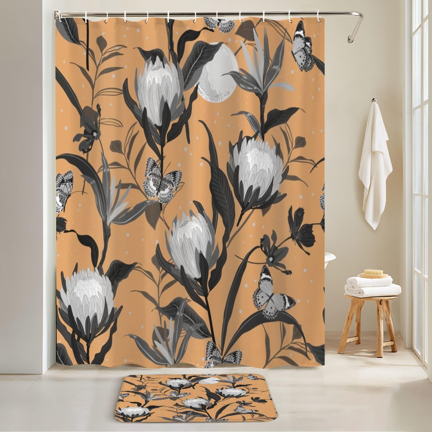 JCOOKLOFTS 4 Piece Shower Curtain Set Retro Black Grey with Night Stars