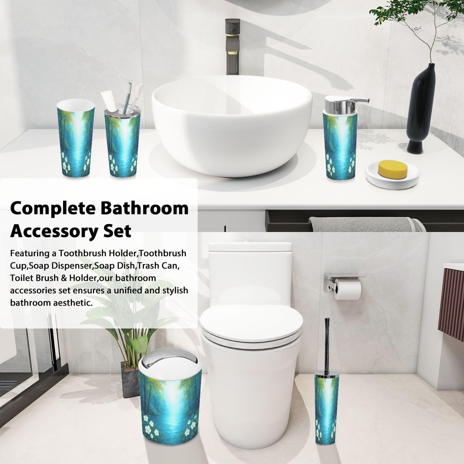 Boho Teal Bathroom Accessory Set 6 Piece