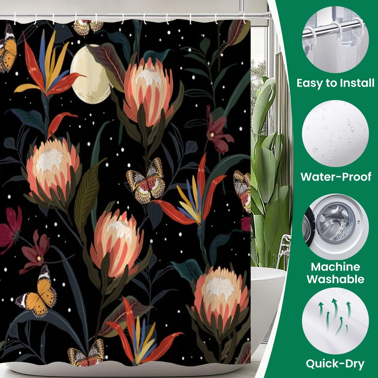 4 Piece Shower Curtain Set with Rugs and Night Stars Pattern