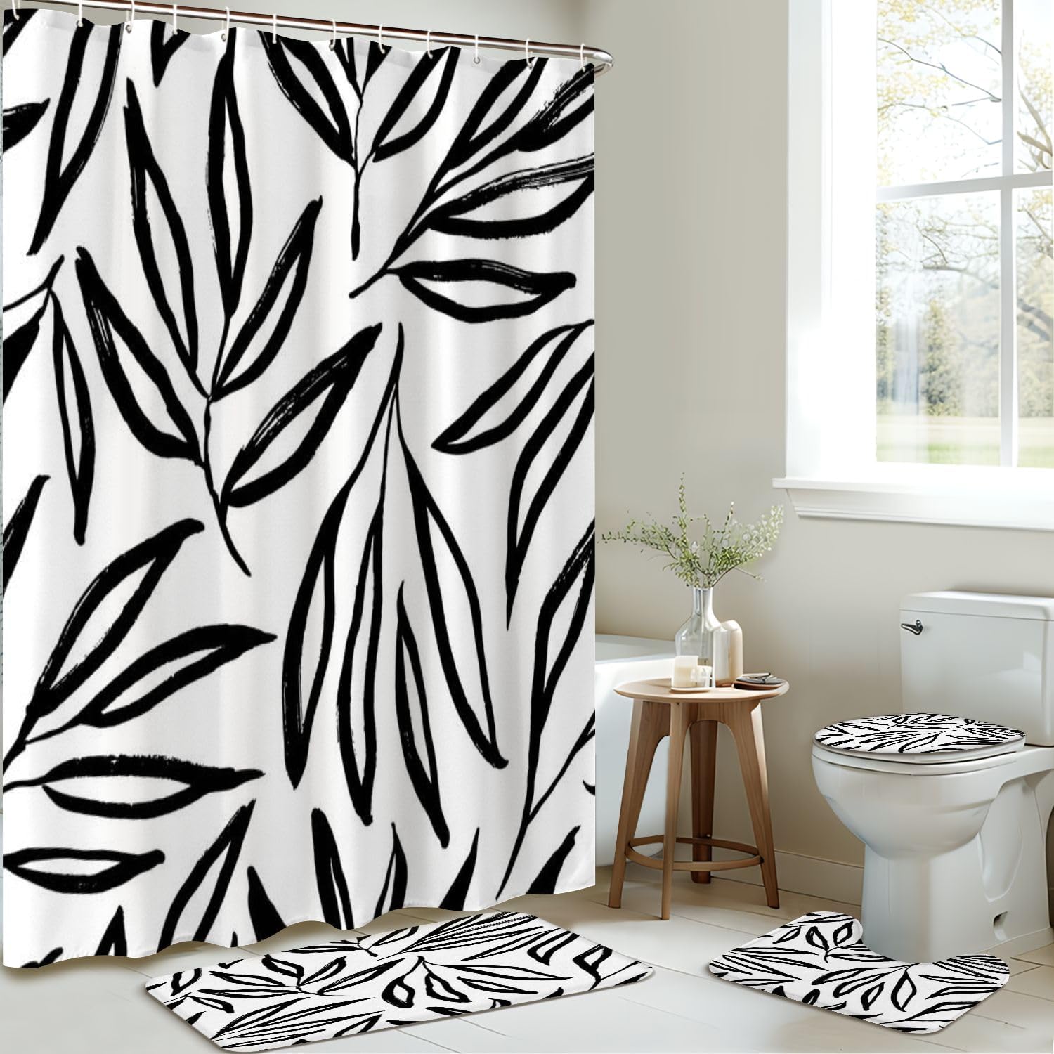 4 Piece Shower Curtain Set with Rugs Mats and Lid Cover