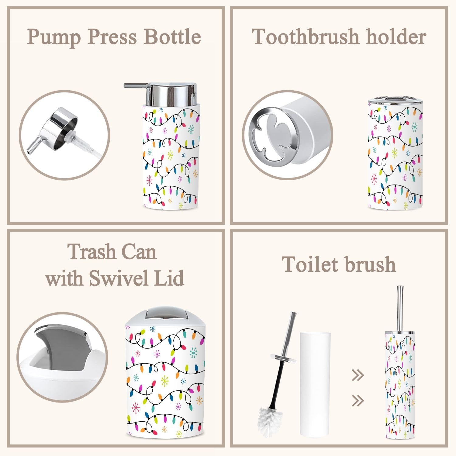 6 Piece Bathroom Accessories Set with Christmas Light Snowflakes Design