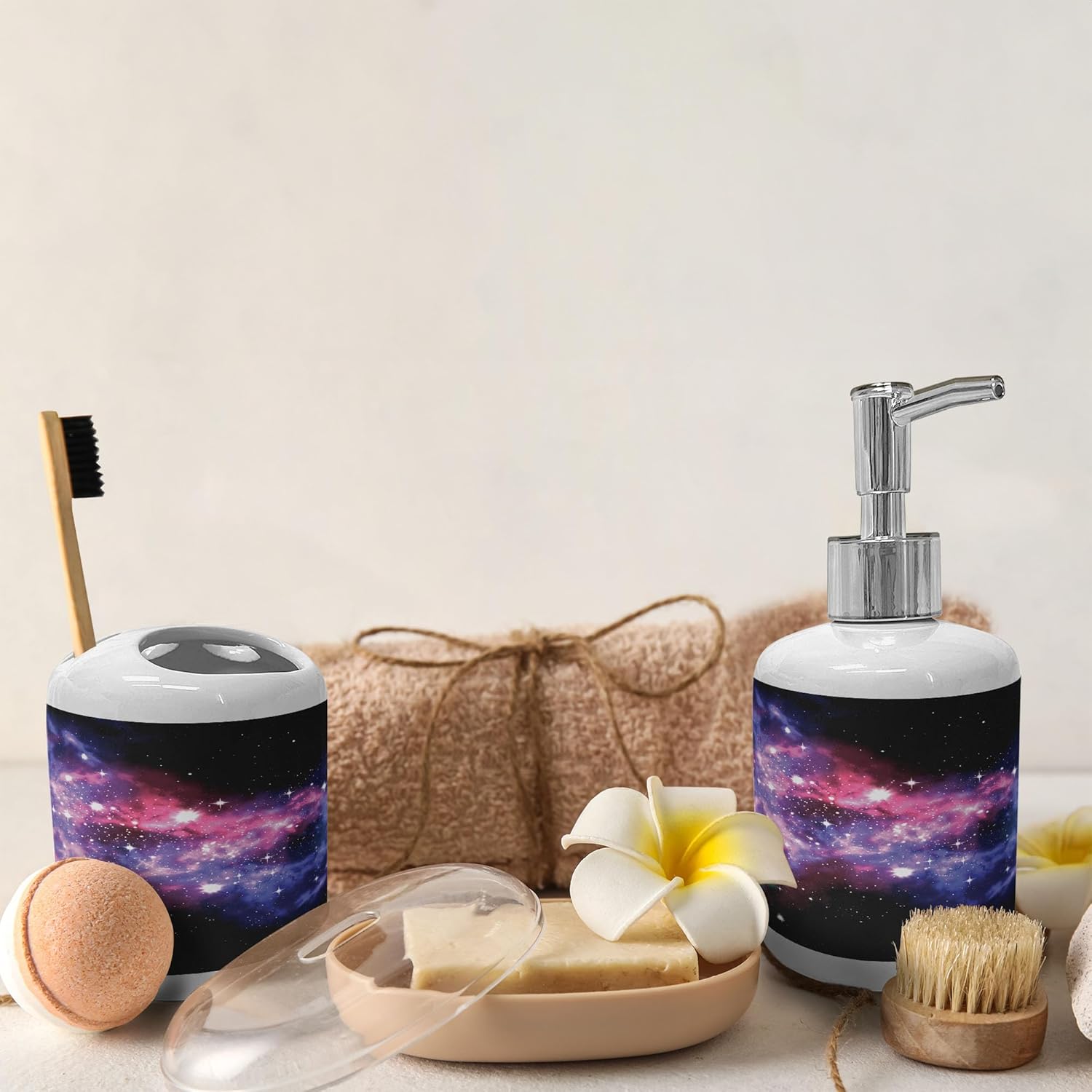 Ambesonne Outer Space Soap Dispenser Toothbrush Holder Set