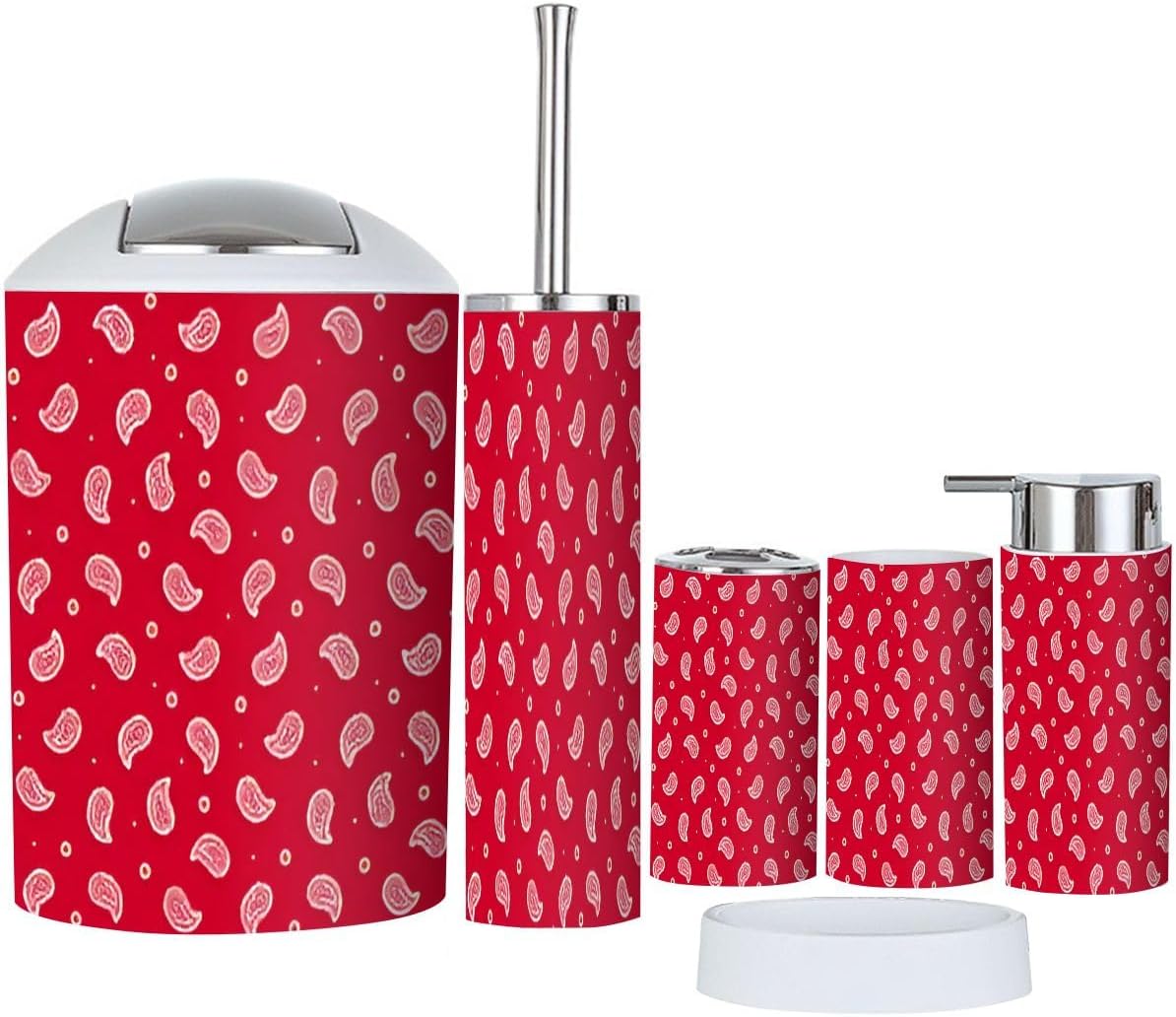 Bathroom Accessories Set 6 Pcs Red Bandana Pattern 1