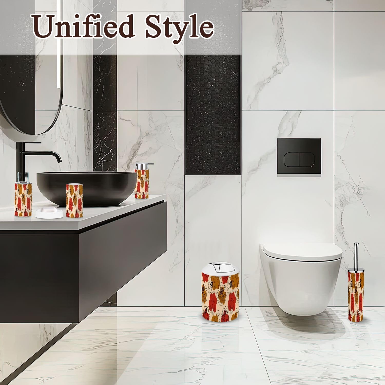 6 Piece Boho Bathroom Accessories Set with Flowers Design