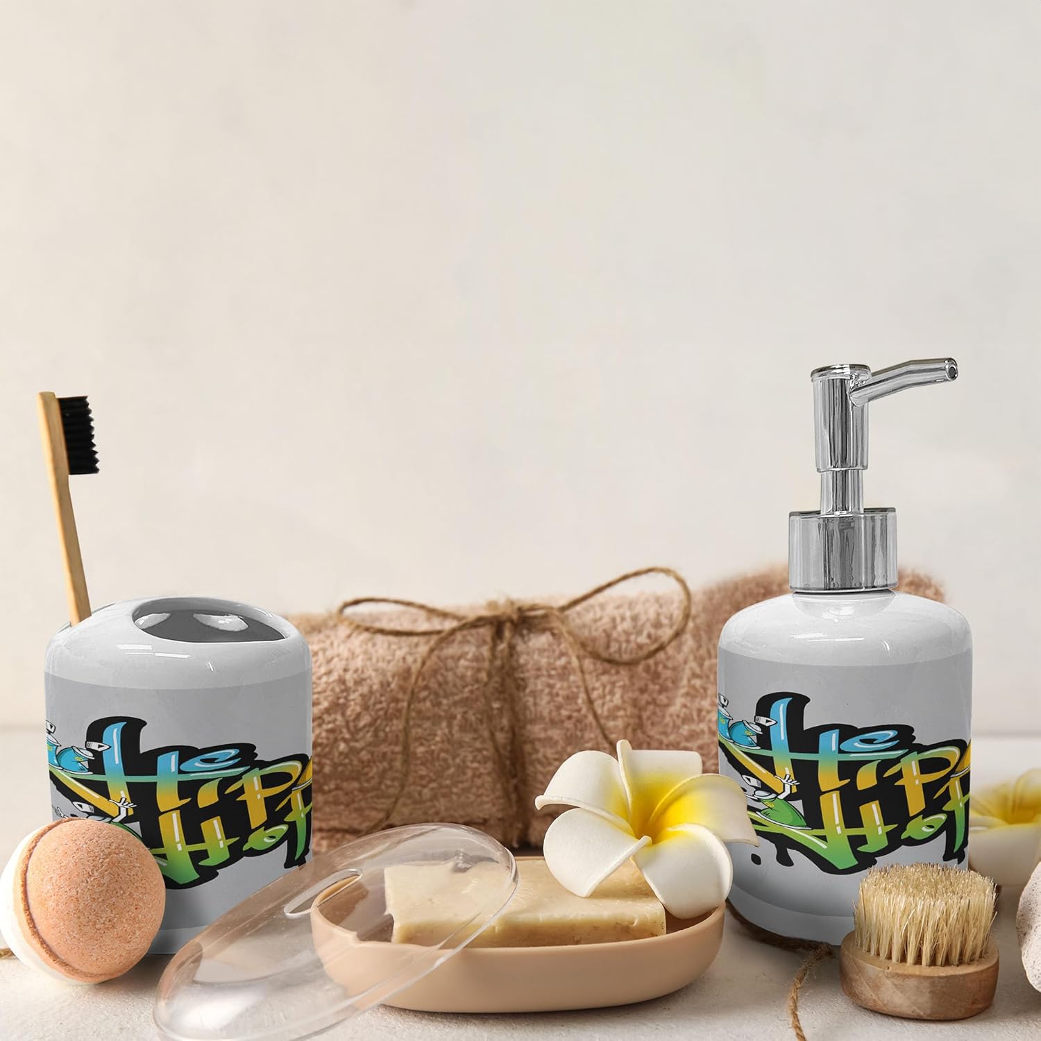 Ambesonne Graffiti Soap Dispenser Toothbrush Holder Set 2 Pcs Pale Taupe