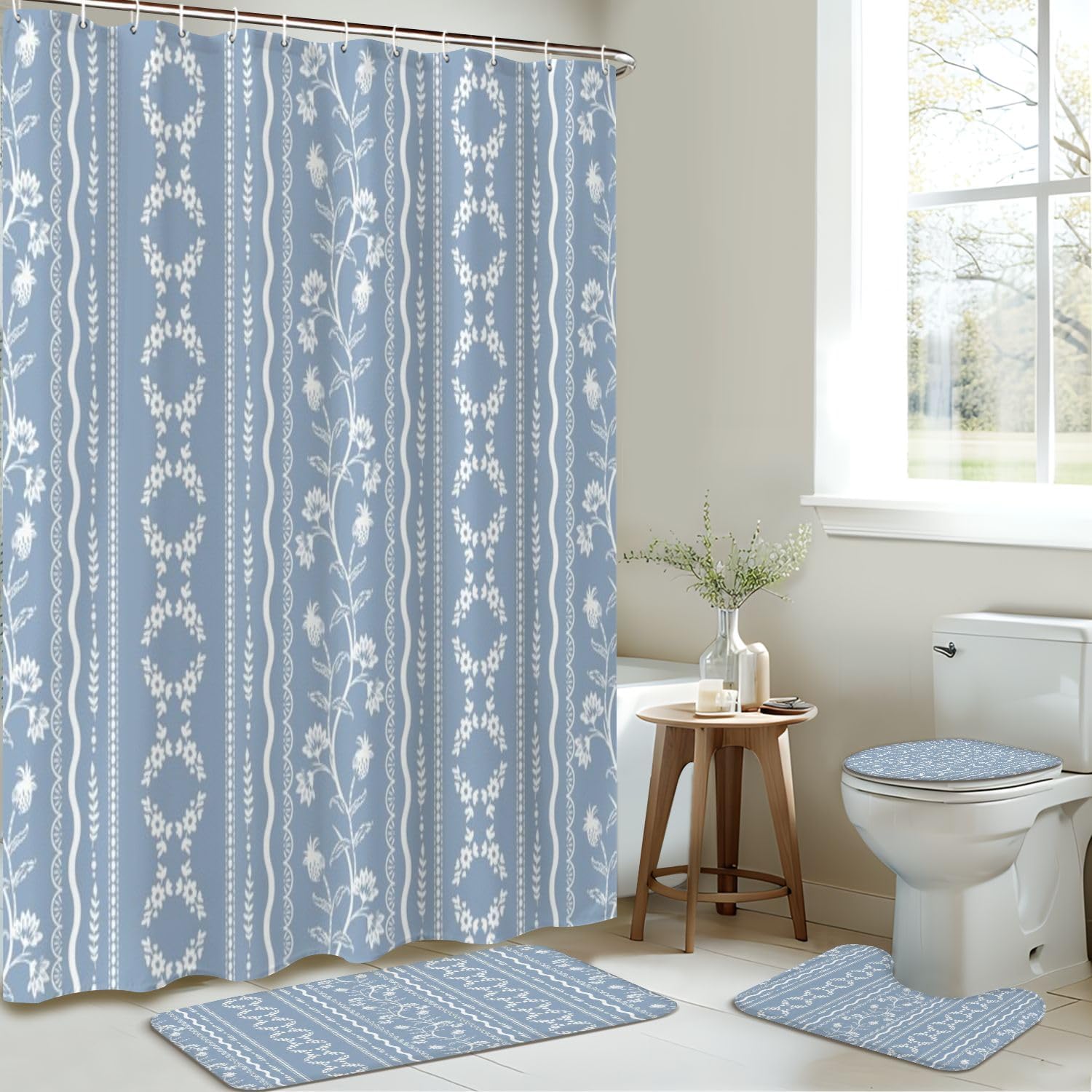 4 Pieces Shower Curtain Set with Rugs