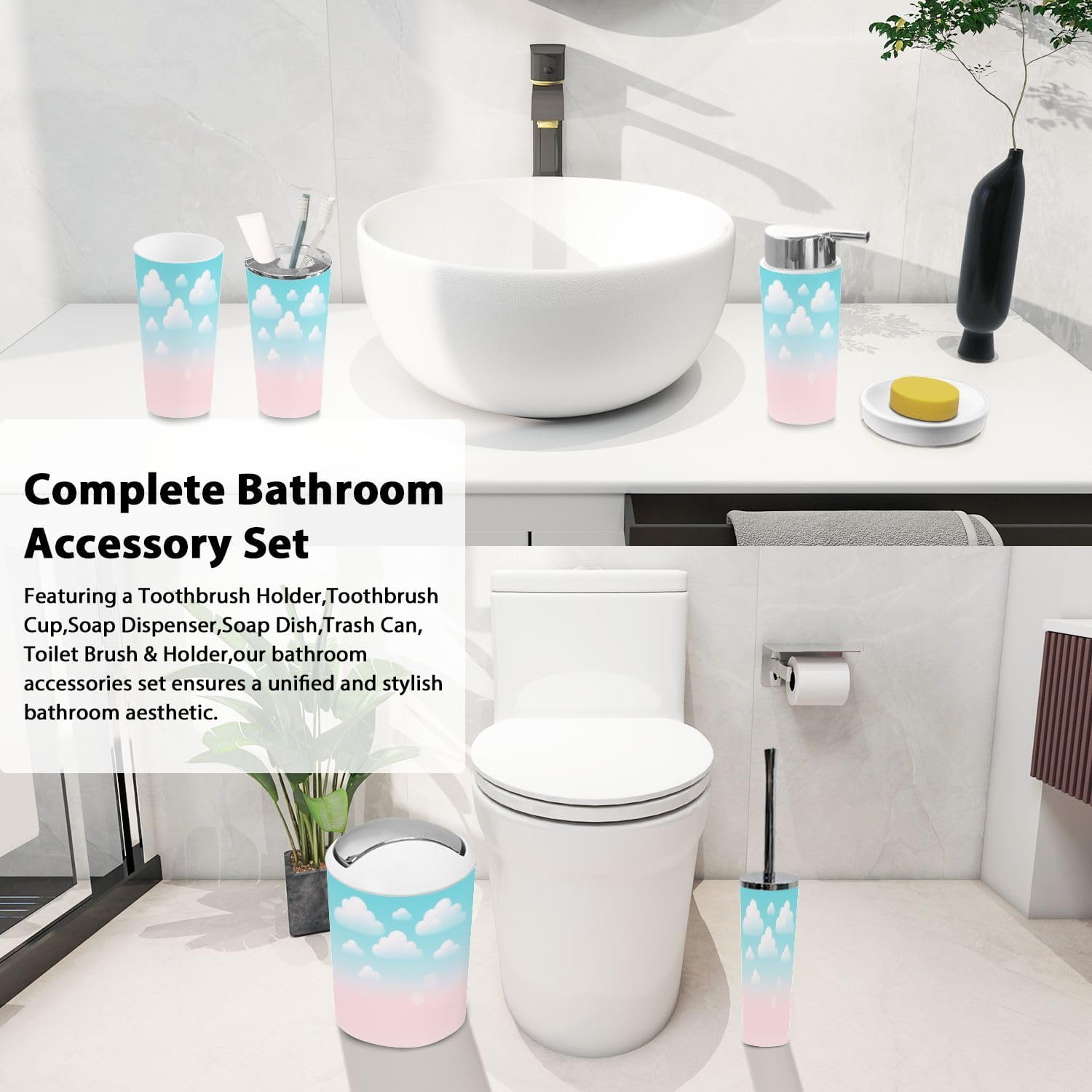 Boho Cloud Trash Can Toothbrush Holder Set