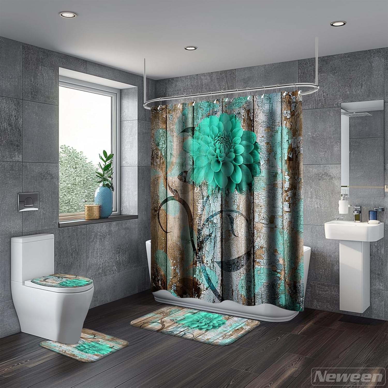 Neween 4 Pcs Green Flower Bathroom Set