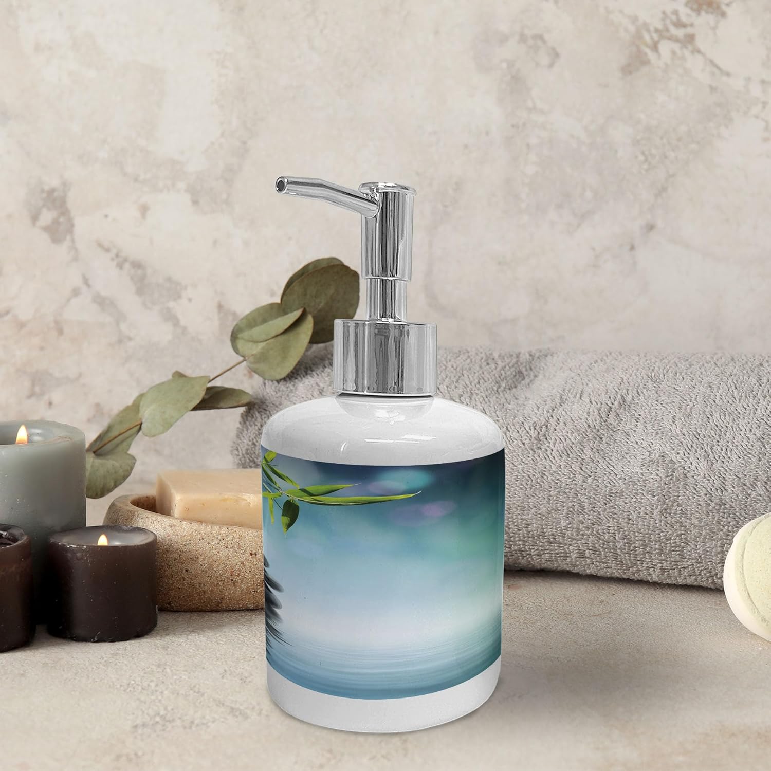 Ambesonne Ceramic Spa Soap Dispenser Toothbrush Holder Set 2 Pcs