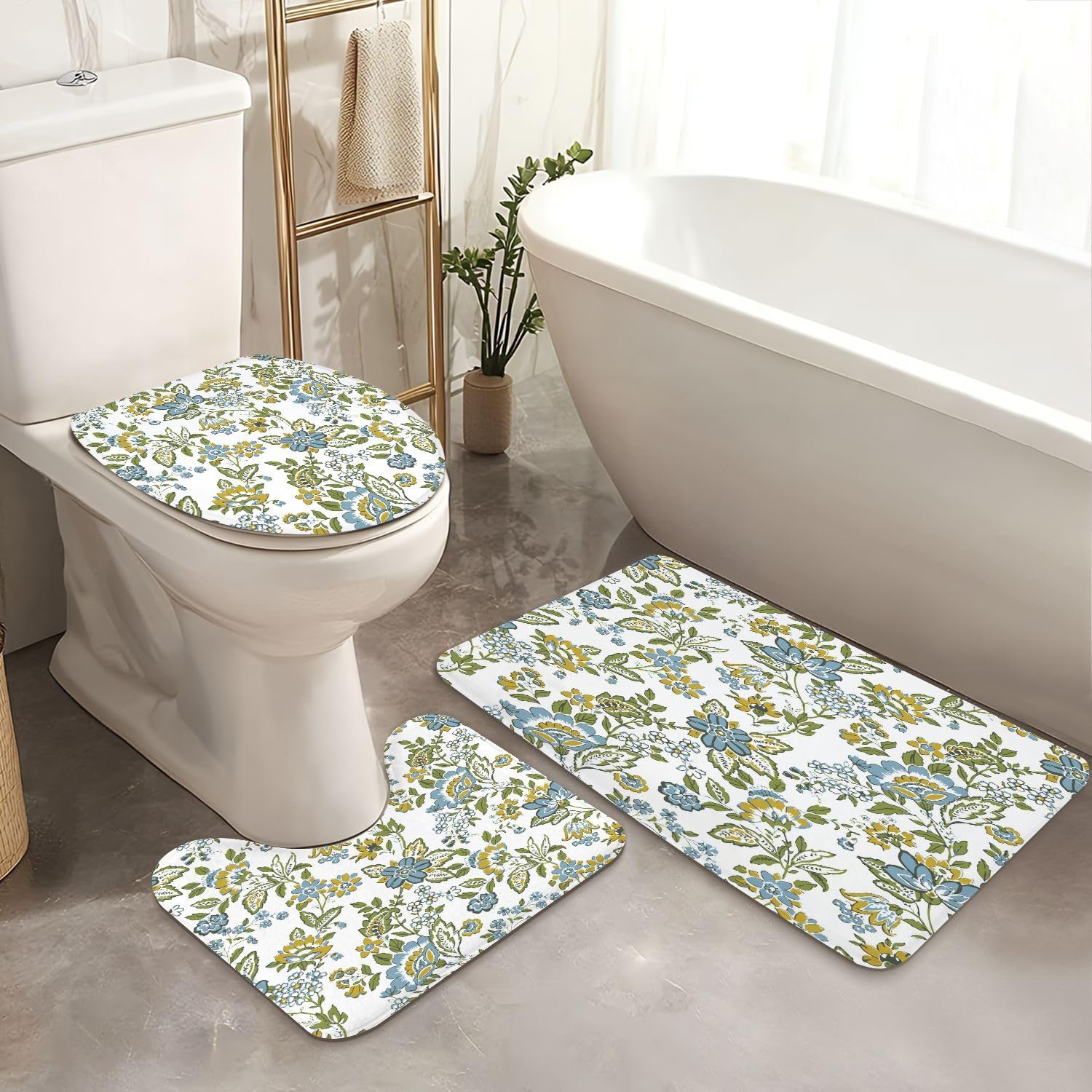 4 Piece Shower Curtain Set with Rugs and Toilet Lid Cover