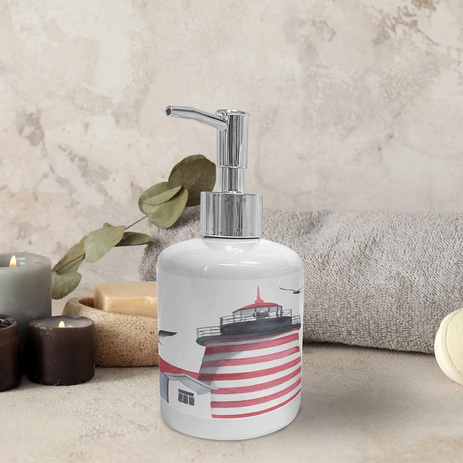 Ambesonne Lighthouse Soap Dispenser Toothbrush Holder Set 2 Pcs Red Grey White