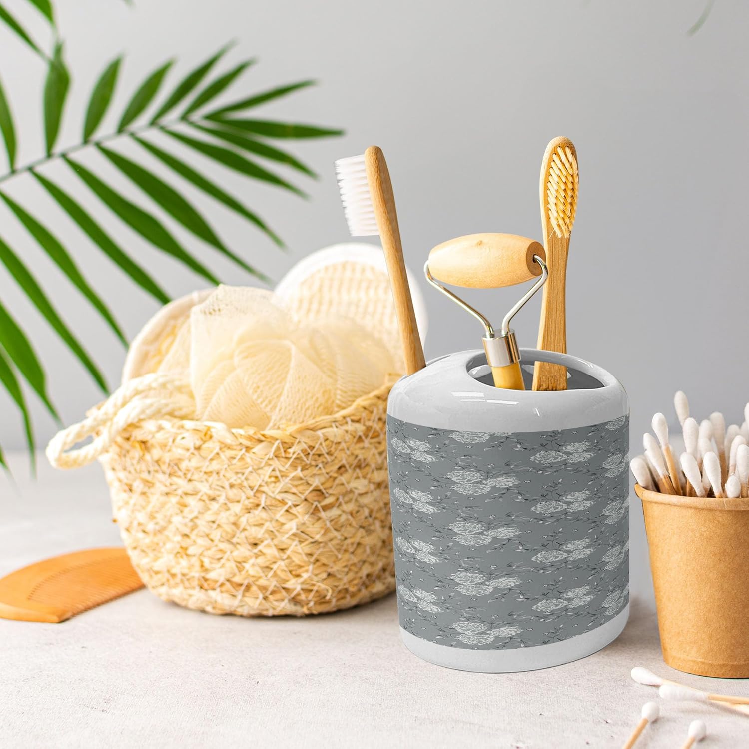 Ambesonne Ceramic Soap Toothbrush Holder Set Grey White