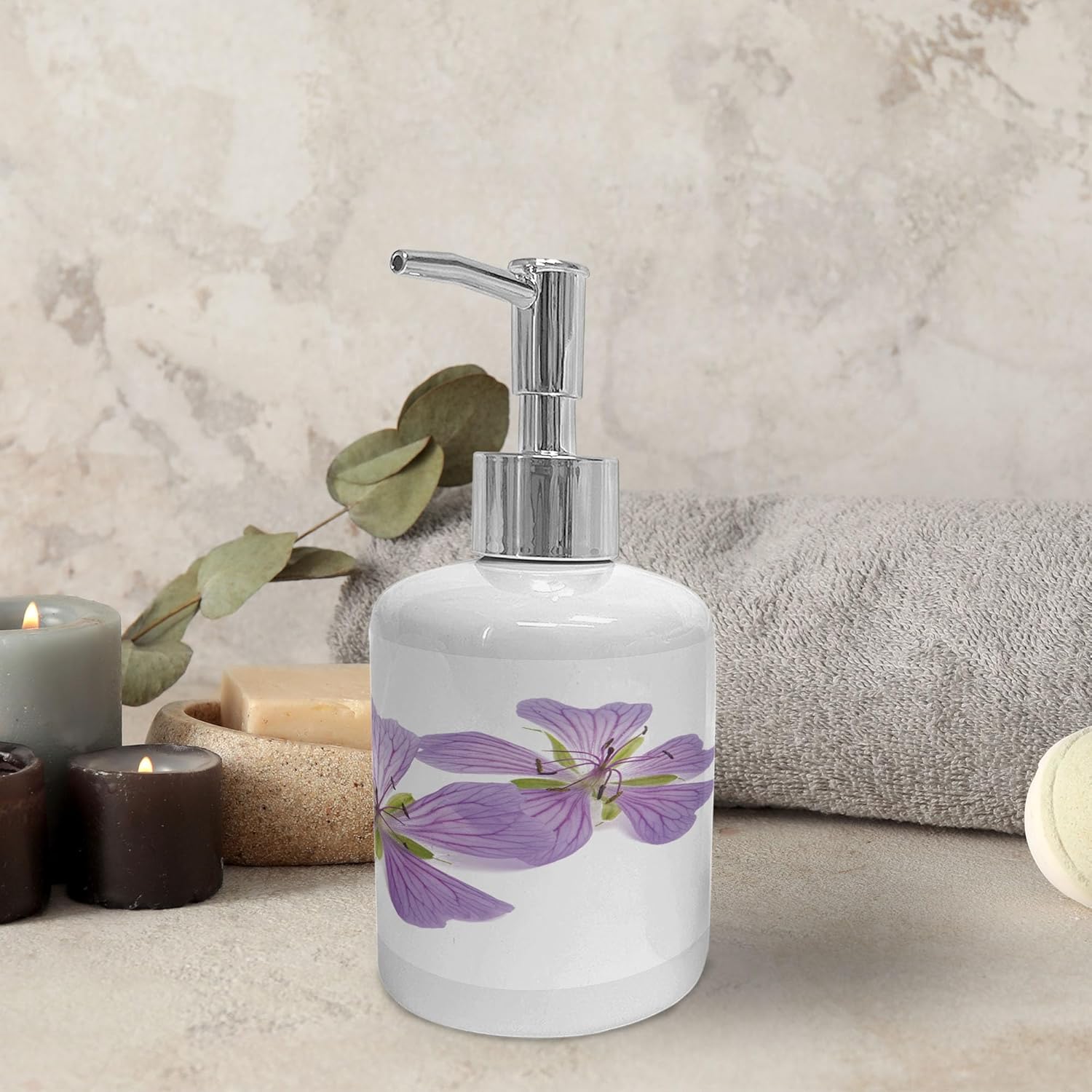 Ambesonne Geraniums Soap Dispenser Toothbrush Holder Set - 2 Pcs White Lavender