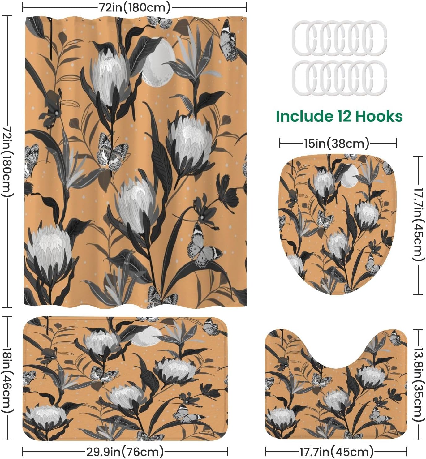 JCOOKLOFTS 4 Piece Shower Curtain Set Retro Black Grey with Night Stars