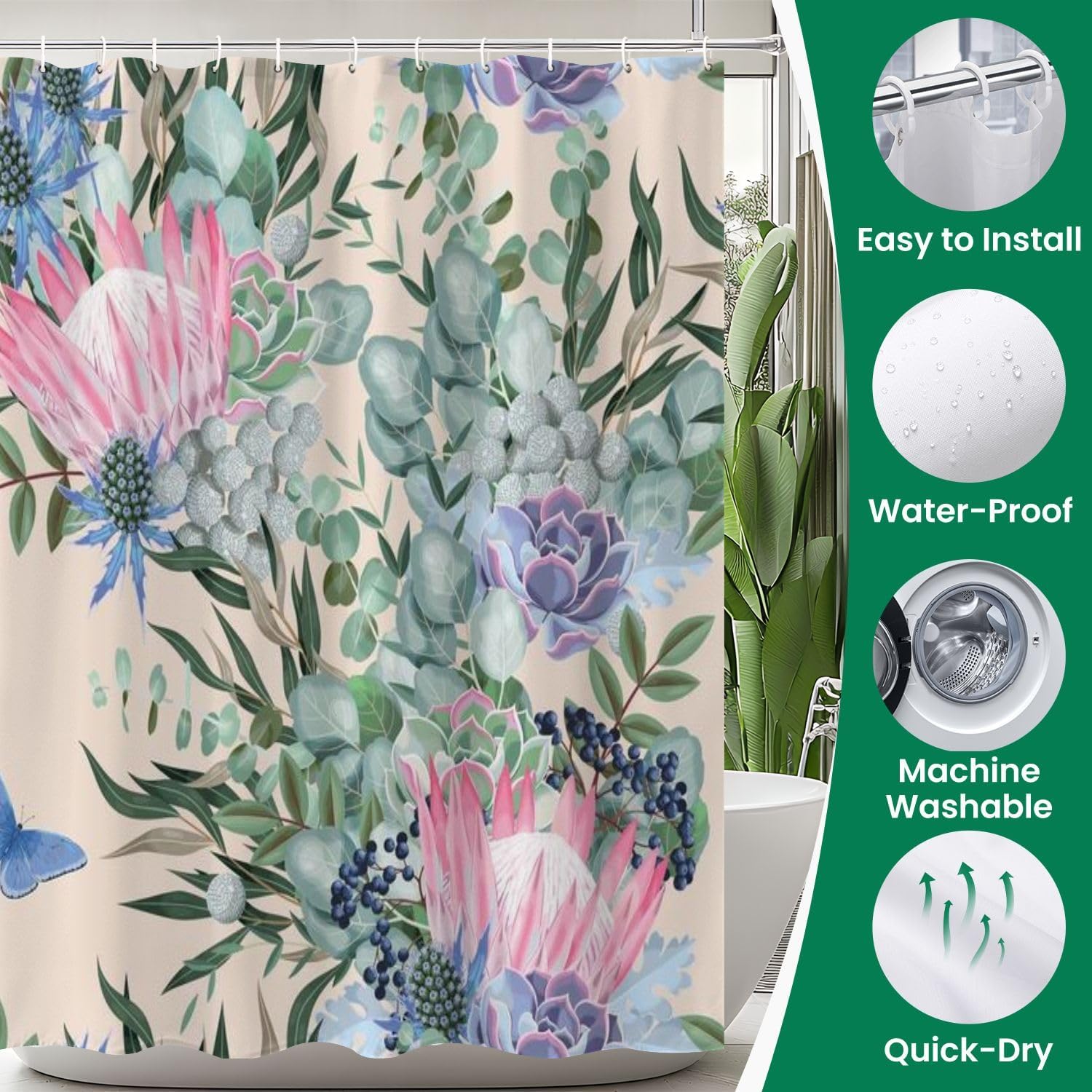 JCOOKLOFTS 4 Piece Shower Curtain Set with Rugs and Mat 1