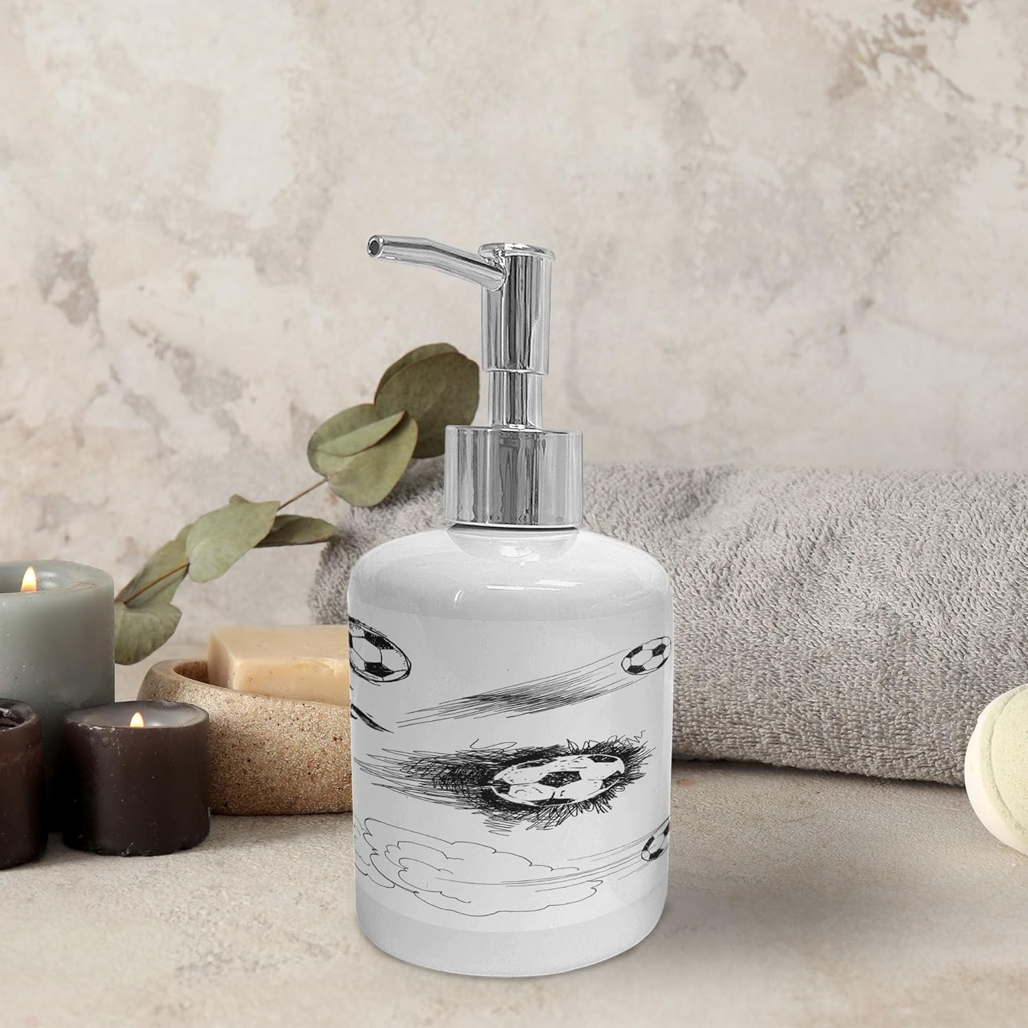 Ambesonne Soccer Soap Dispenser Toothbrush Holder Set