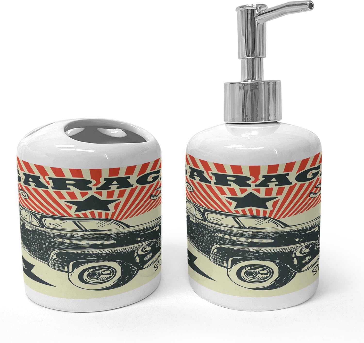 Ambesonne Ceramic Soap Toothbrush Holder Set Retro Advertising Poster Style Emerald Orange