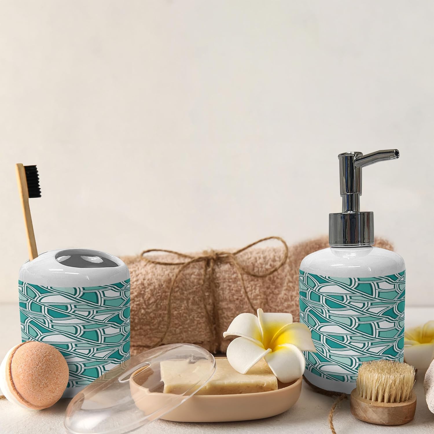 Ambesonne Geometric Soap Toothbrush Holder Set 2 Pcs Dark Seafoam and White