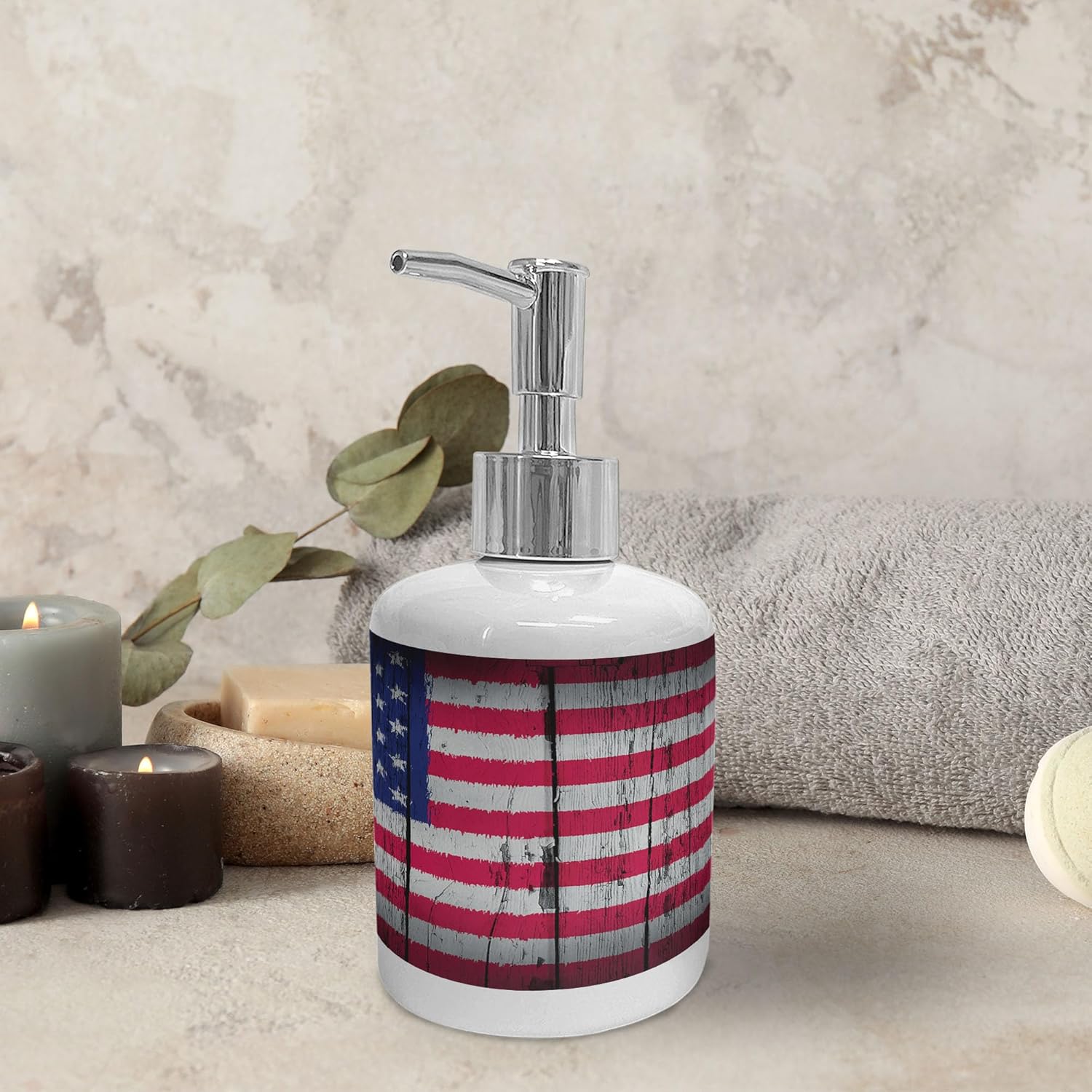 Ambesonne USA Ceramic Soap Dispenser Toothbrush Holder Set 1