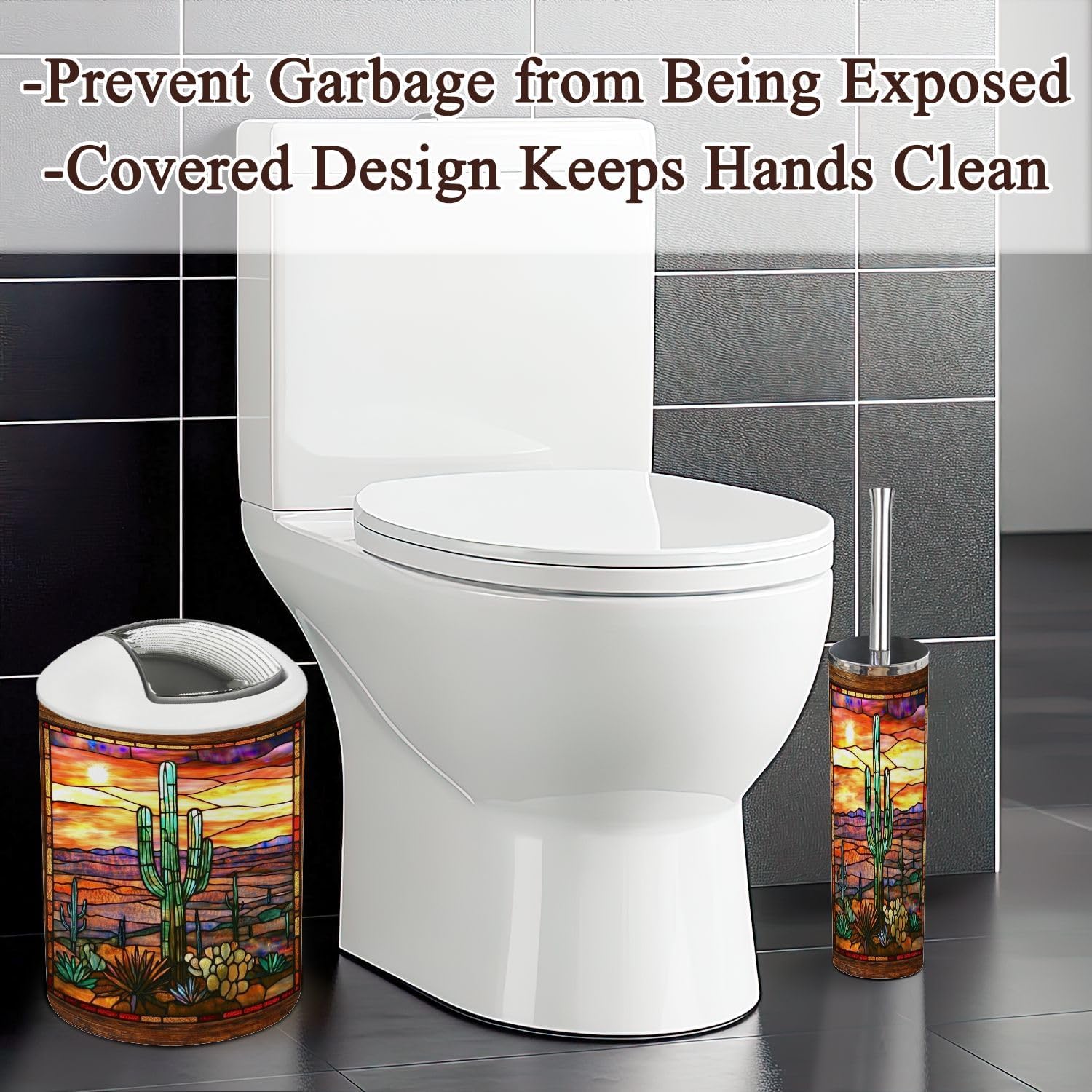 6 Piece Bathroom Accessories Set Textured Sunset Cactus Art