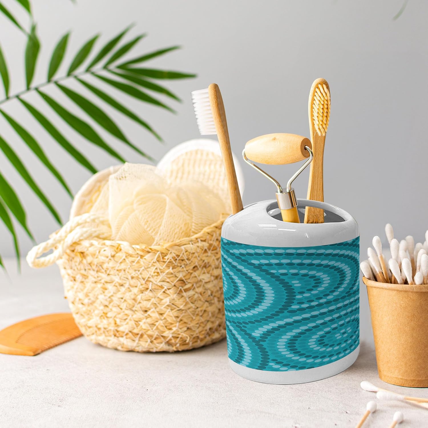 Ambesonne Teal Ceramic Soap Toothbrush Holder Set 2 Pcs