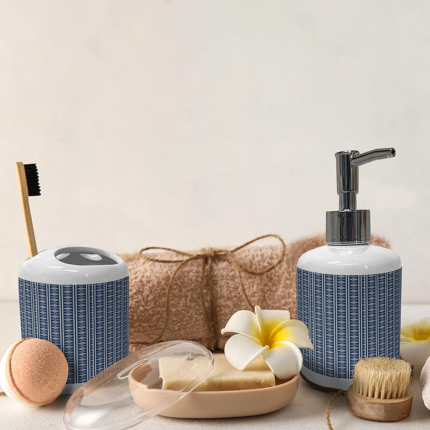 Ambesonne Abstract Soap Toothbrush Holder Set Ceramic Night Blue Pale Grey