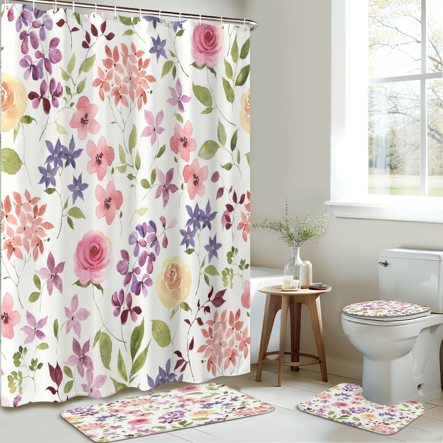 4-Piece Shower Curtain Set with Rugs and Mats