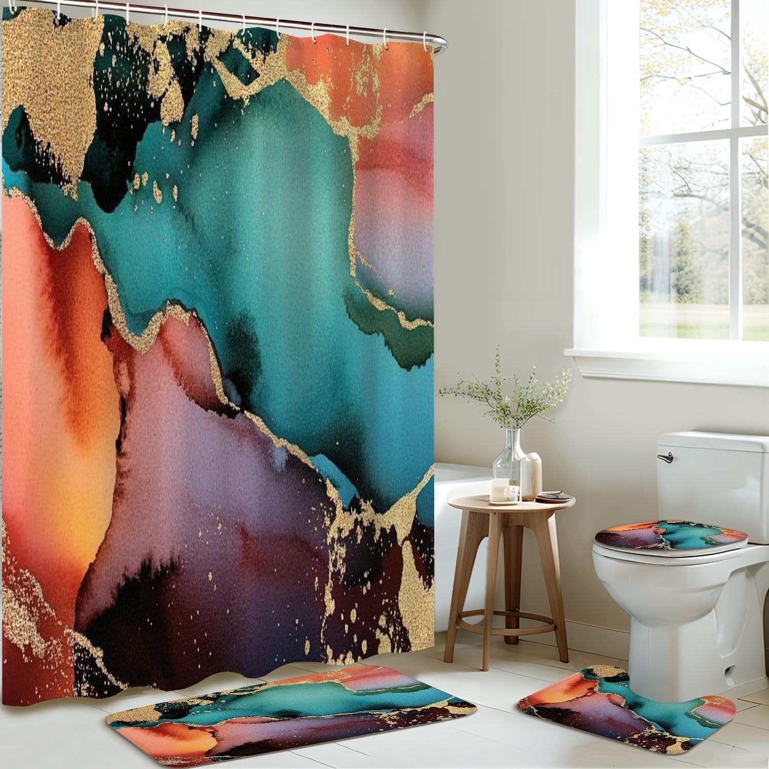 4 Pieces Shower Curtain Set with Rugs and Mat
