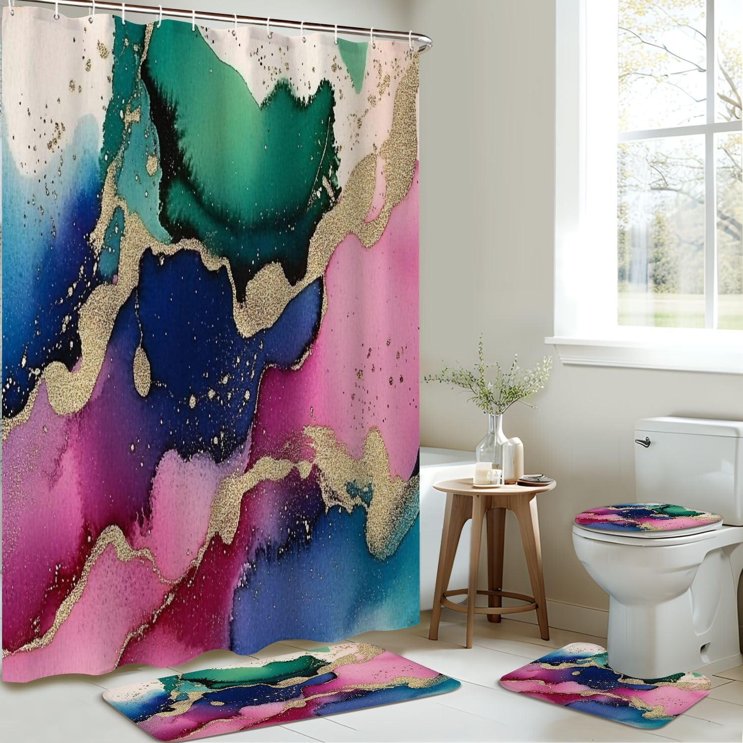 4 Piece Shower Curtain Set with Rugs and Non-Slip Mats