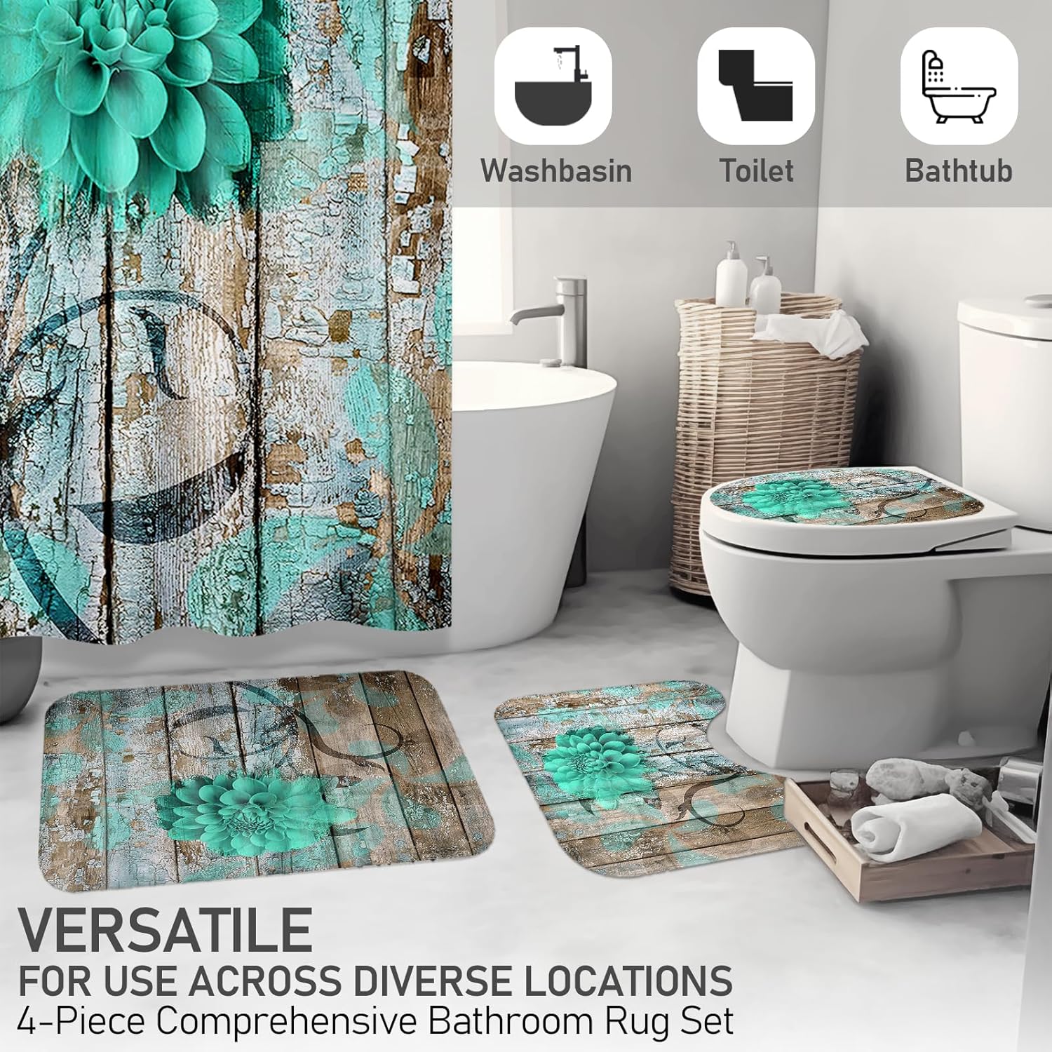 Neween 4 Pcs Green Flower Bathroom Set