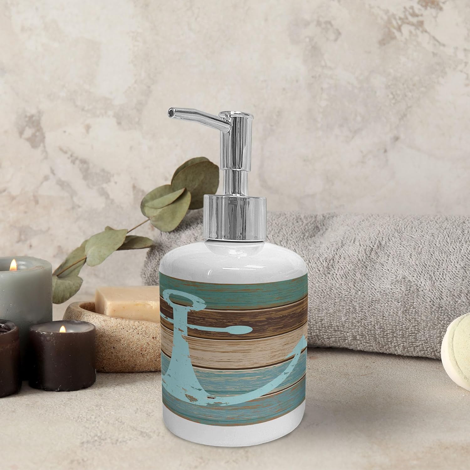 Ambesonne Anchor Soap Dispenser Toothbrush Holder Set Pale Blue Brown Teal